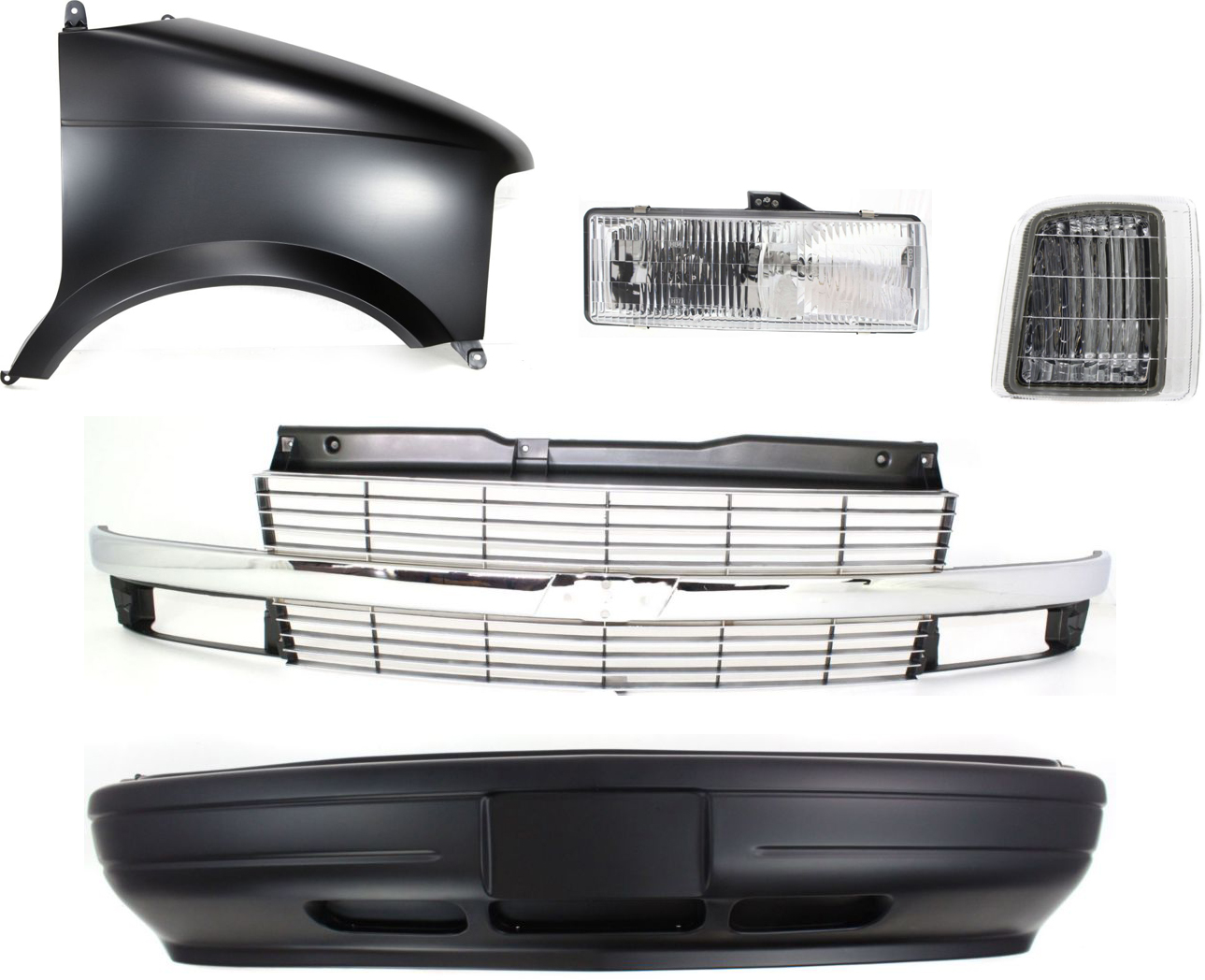 AM ASTRO 96-05 GRILLE 5 pc Kit w Composite Headlights with Bumper Cover Corner Light Fender and Headlight SKU KIT 50115-23 Partslink GM1200371 GM1000510 GM2551139 GM1241237 GM2503136 OEM 19130758-12382996-16524076-123