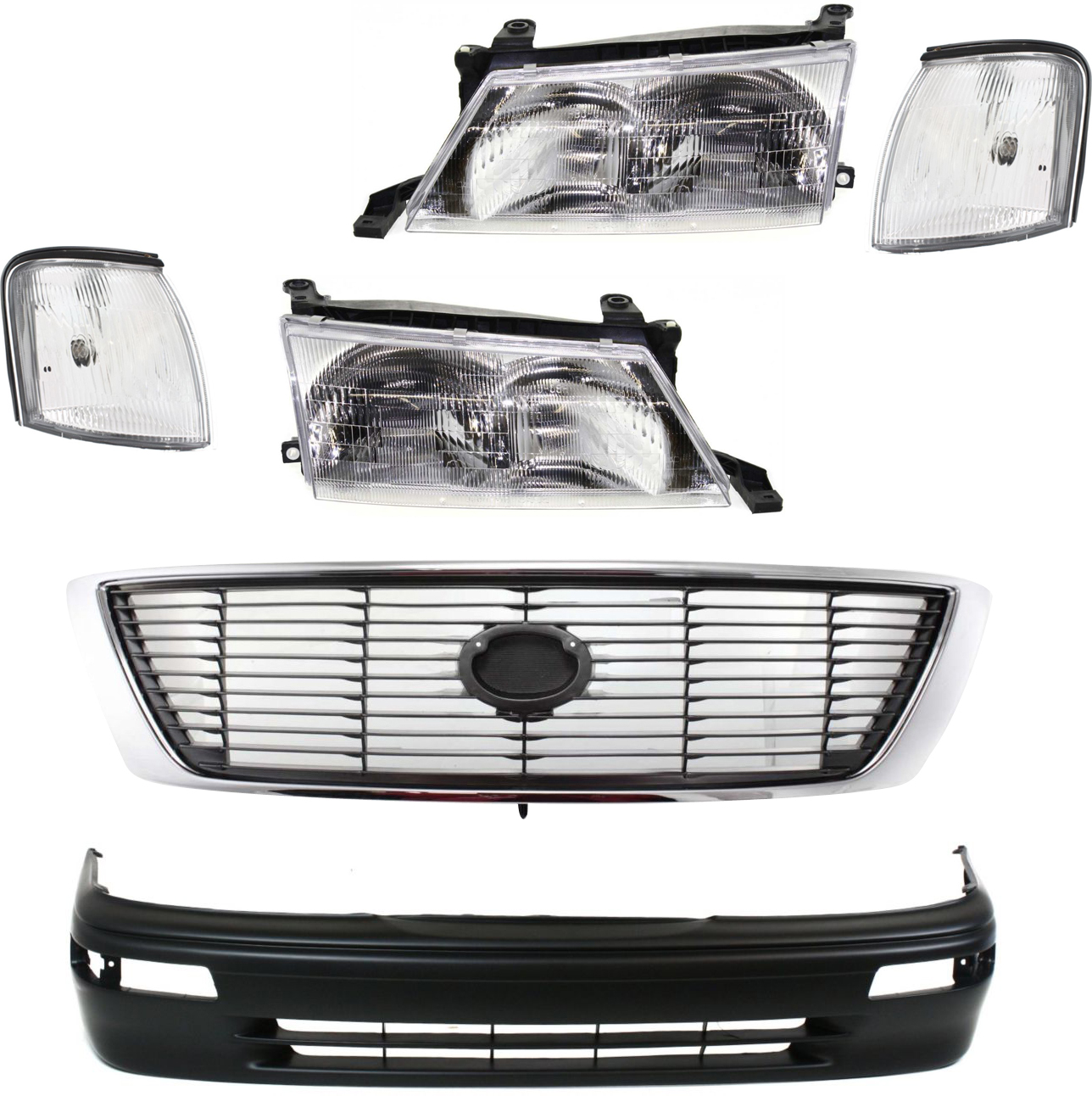 AM AVALON 95-97 HEAD LAMP RH AND LH Assembly Halogen 6 pc Kit with Bumper Cover Corner Lights and Grille Assembly SKU KIT 50115-28 Partslink TO2503115 TO2502115 TO1000178 TO2520145 TO2521145 TO1200201 OEM 8111007010-8115007010-52119AC9