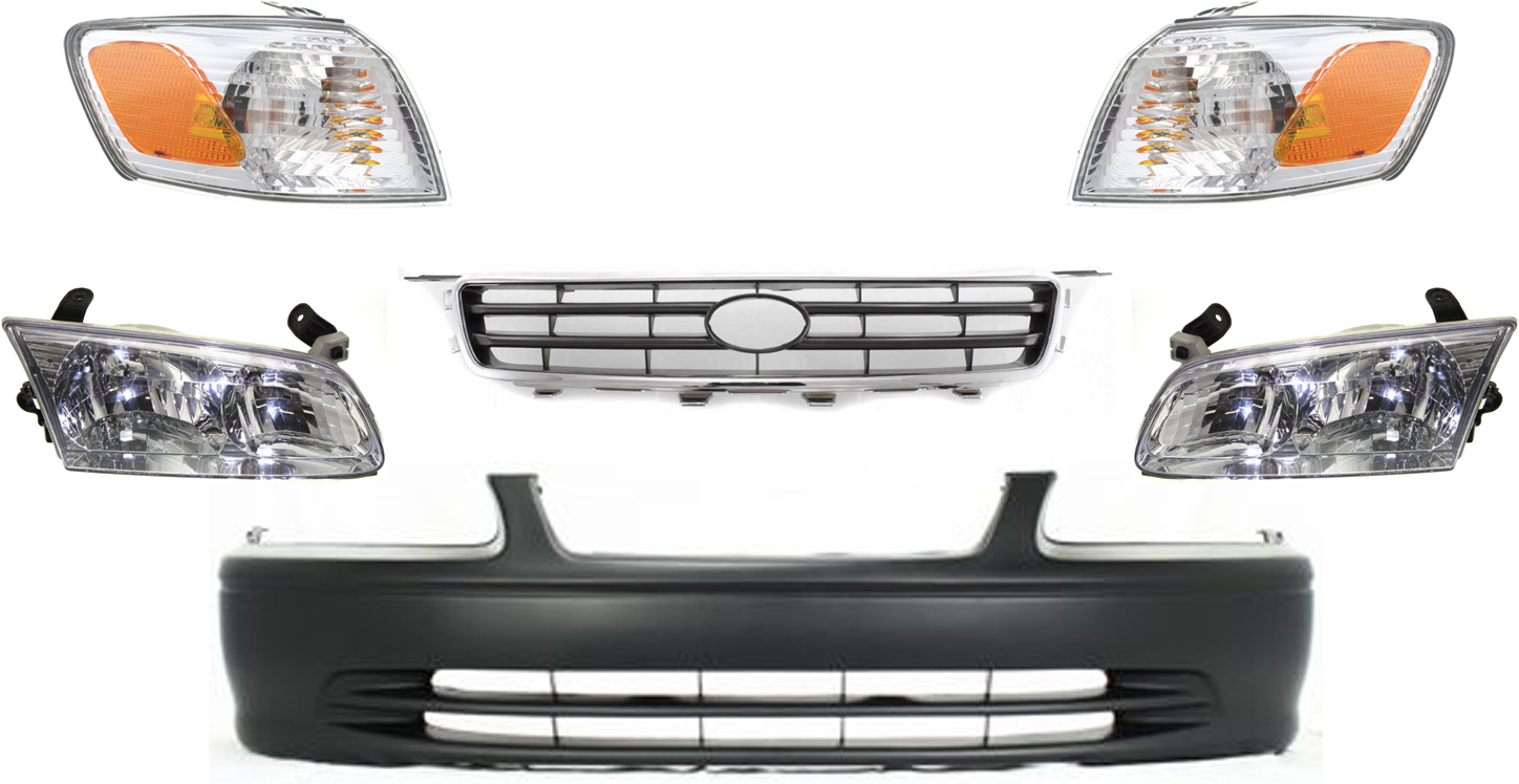 AM CAMRY 00-01 FRONT BUMPER COVER 6 pc kit with Grille Corner Lights and Headlights SKU KIT 50115-35 Partslink TO1000206 TO2530136 TO2531136 TO1200225 TO2502130 TO2503130 OEM 52119AA902-81520AA020-81510AA0