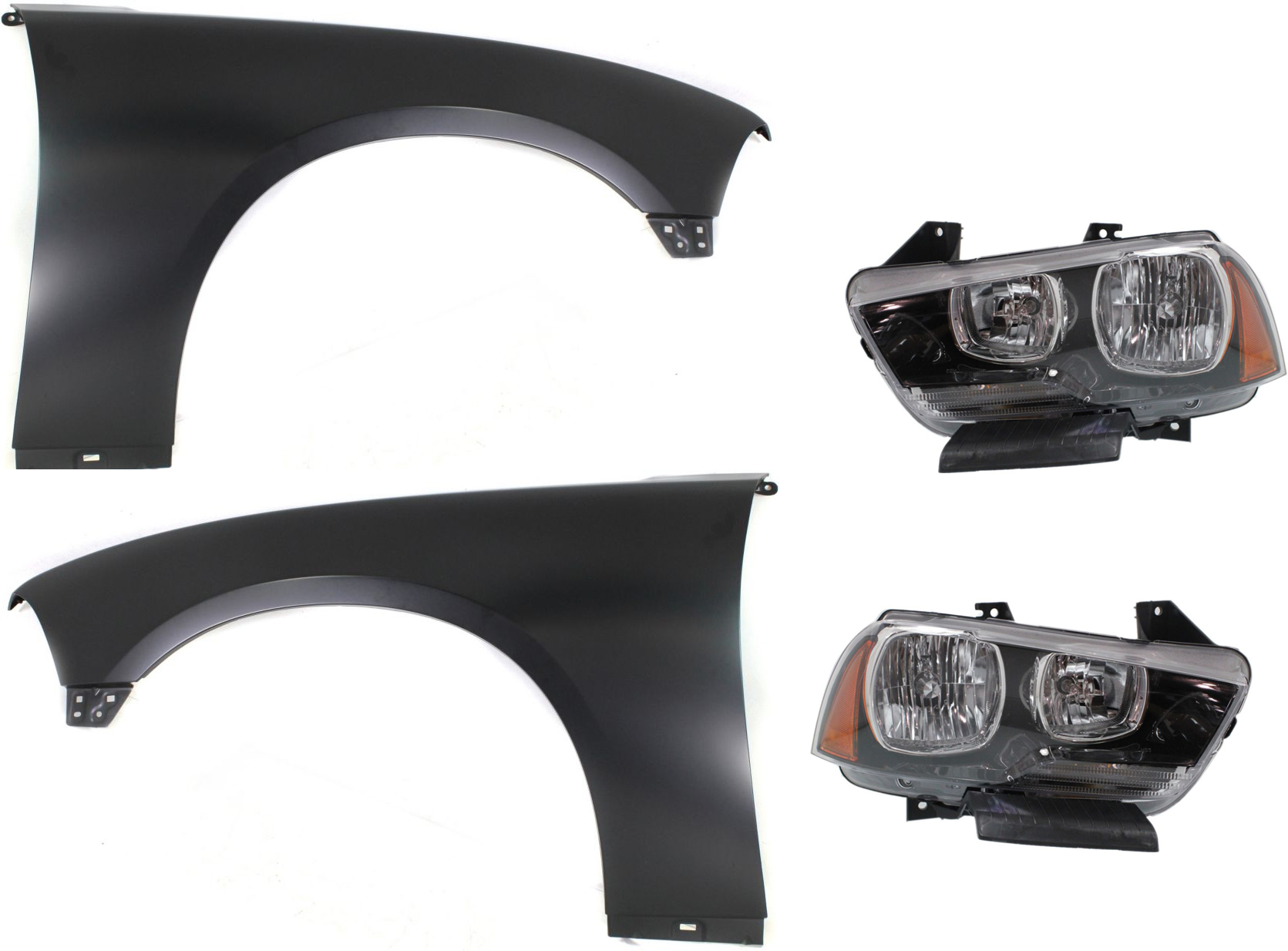 AM CHARGER 11-14 HEAD LAMP RH AND LH Assembly Halogen 4 pc Kit with Fenders SKU KIT 50115-38 Partslink CH2503232 CH2502232 CH1240275 CH1241275 OEM 57010410AF 57010410AE 57010411
