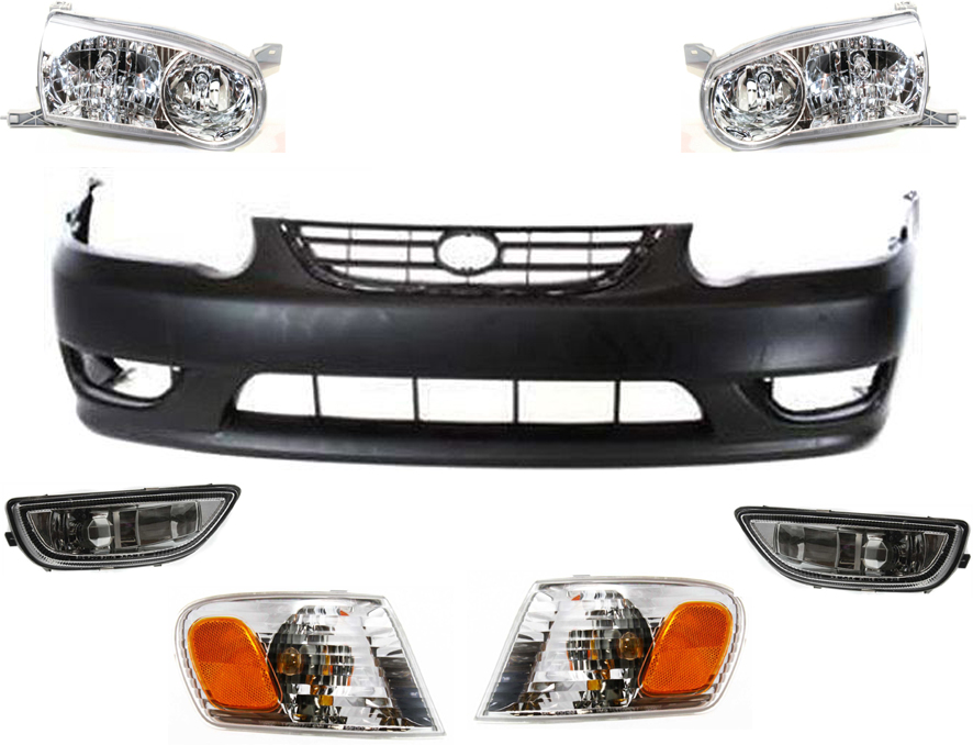 AM COROLLA 01-02 FRONT BUMPER COVER 7 pc kit with Corner Lights Fog Lights and Headlights SKU KIT 50115-41 Partslink TO1000217 TO2530137 TO2531137 TO2592105 TO2593105 TO2502133 TO2503133 OEM 5211902908-8152002070-81510020