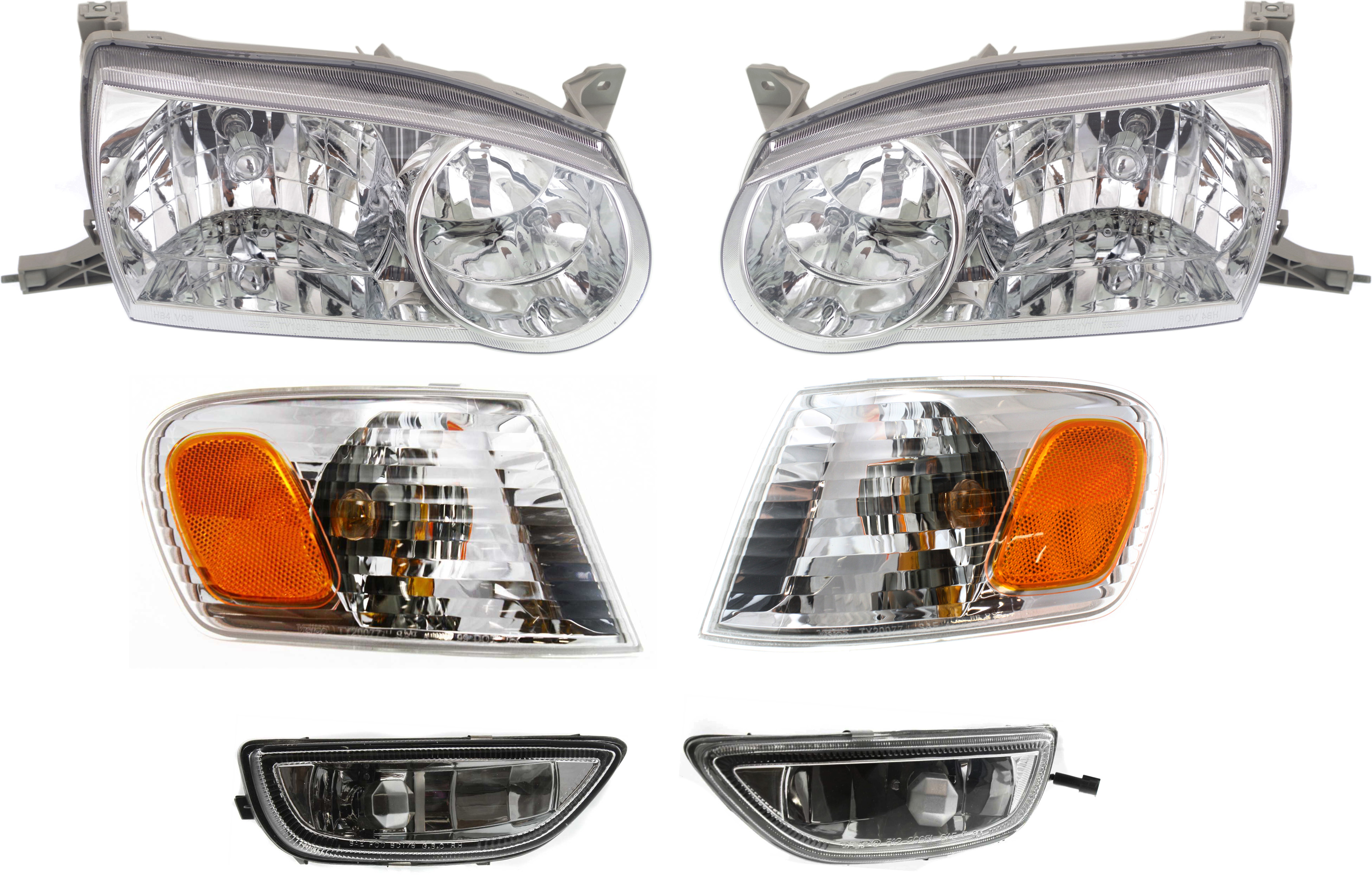 AM COROLLA 01-02 HEAD LAMP RH AND LH Assembly Halogen 6 pc Kit with Corner Lights and Fog Lights SKU KIT 50115-42 Partslink TO2502133 TO2503133 TO2530137 TO2531137 TO2592105 TO2593105 OEM 8111002110-8115002100-81520020