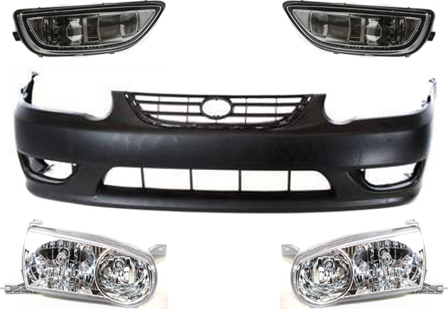 AM COROLLA 01-02 FRONT BUMPER COVER Primed 5 pc kit with Fog Lights and Headlights SKU KIT 50115-43 Partslink TO1000217 TO2592105 TO2593105 TO2502133 TO2503133 OEM 5211902908-8122002030-81210020