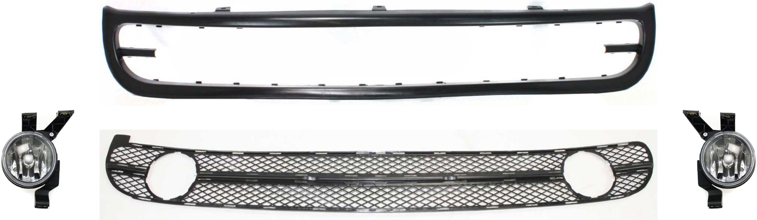 AM BEETLE 98-00 FRONT VALANCE 4 pc kit with Bumper Grille and Fog Light SKU KIT 50915-01 Partslink VW1094109 VW1200127 VW2592102 VW2593102 OEM 1C0805903CGRU 1C0807681C01C 1C