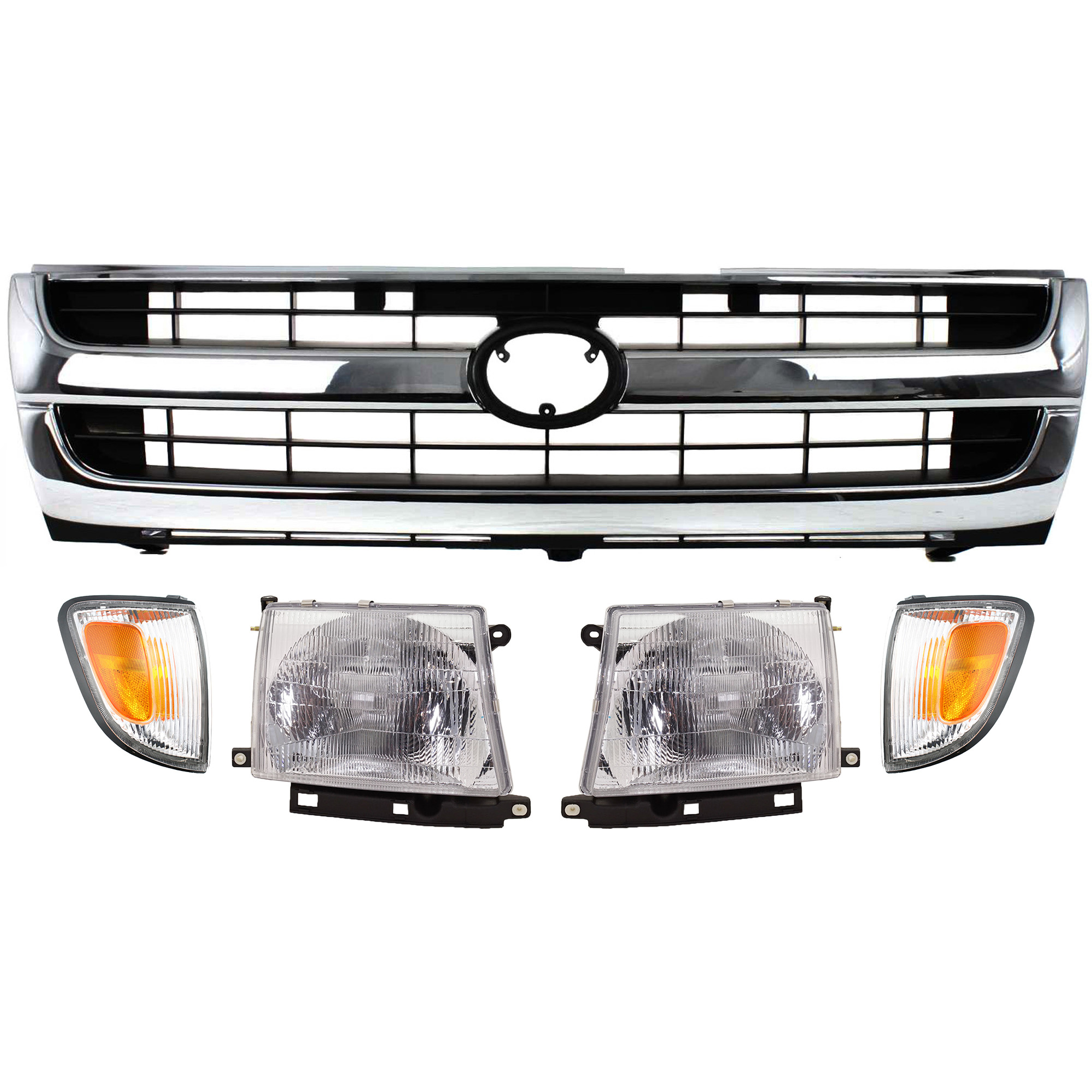 AM TACOMA 97-00 GRILLE 5 pc Kit Chrome Shell with Painted Black Insert with Corner Light and Headlight SKU KIT 50915-09 Partslink TO1200205 TO2520155 TO2521155 TO2502120 TO2503120 OEM 5310004070-8162004050-81610040