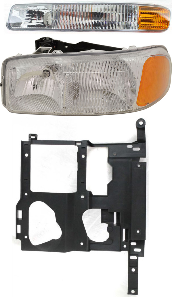 AM SIERRA 1500-2500-99-02 YUKON 00-06 HEAD LAMP LH Assembly Halogen 3 pc Kit with Parking Light and Headlight Bracket SKU KIT 50915-12 Partslink GM2502188 GM1221121 GM2520174 OEM 15850351-15798919-15199560