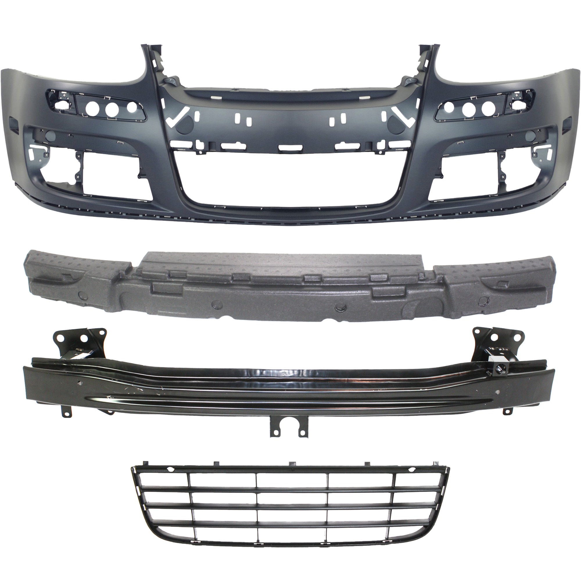 AM JETTA 05-10 FRONT BUMPER COVER Primed 4 pc kit w Bumper Absorber Bumper Grille and Bumper Reinforcement SKU KIT 51415-28 Partslink VW1000161 VW1070111 VW1036106 VW1006126 OEM 1K0807217AGRU 1K5807248-1K0853