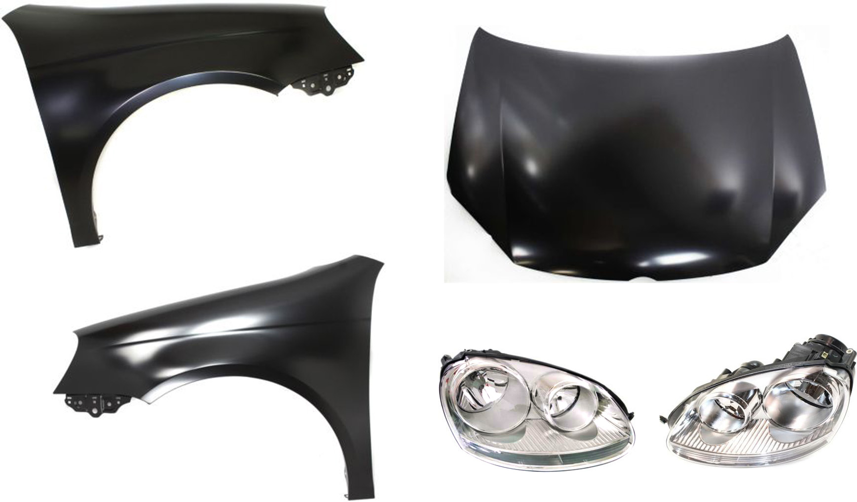 AM JETTA 05-10 HEAD LAMP RH AND LH Assembly Halogen 5 pc Kit with Fenders and Hood SKU KIT 51415-29 Partslink VW2503127 VW2502127 VW1240135 VW1241135 VW1230131 OEM 1K6941006S 1K6941005S 1K582102