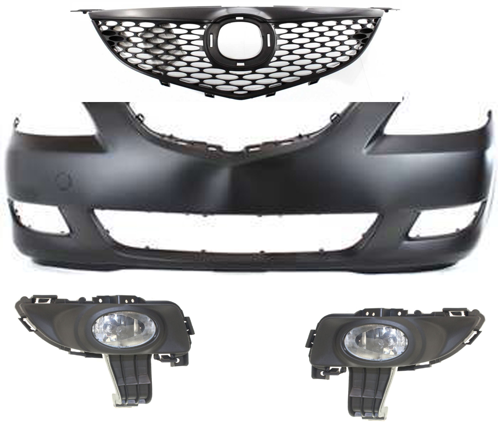 AM MAZDA 3-04-06 FOG LAMP RH AND LH 4 pc kit Assembly Halogen includes Bumper Cover and Grille Assembly SKU KIT 51415-50 Partslink MA2593105 MA2592105 MA1000196 MA1200172 OEM BN8P51680A BN8P51690A BNYP5003