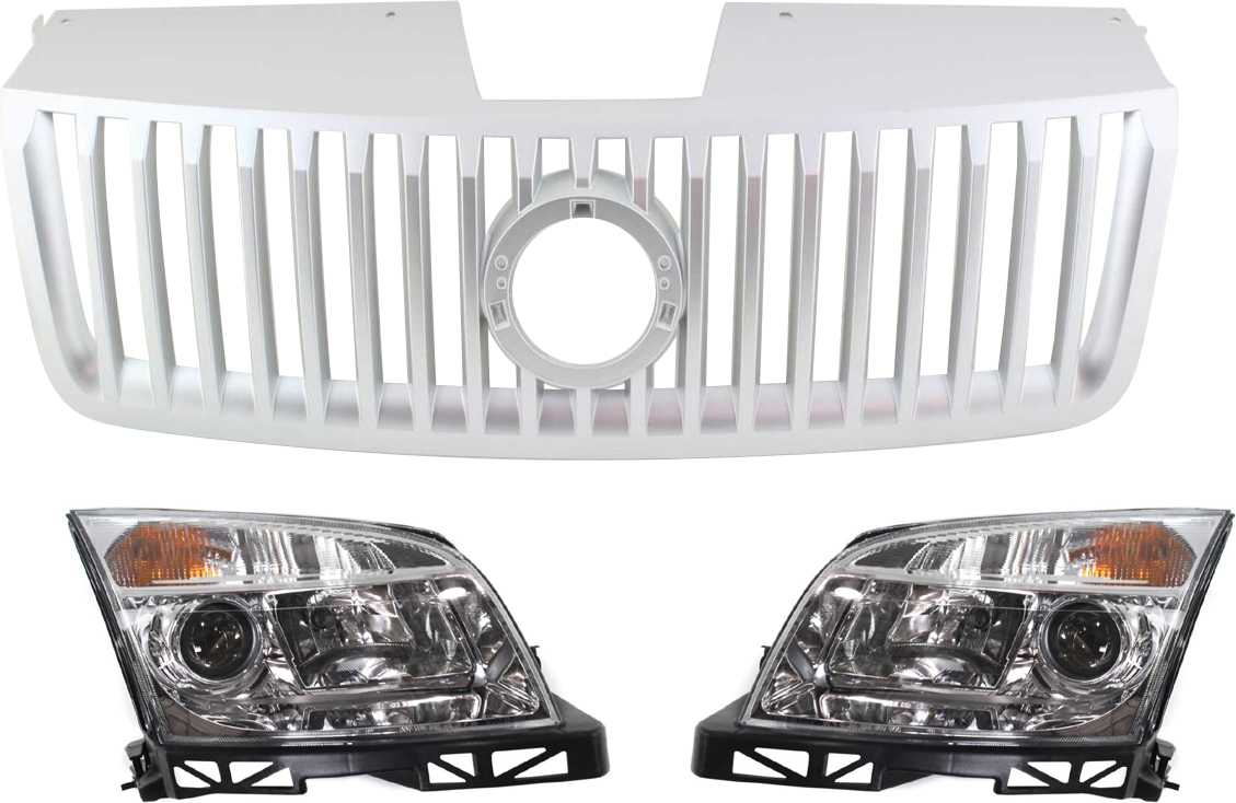 AM MILAN 06-09 HEAD LAMP RH AND LH Assembly Halogen 3 pc Kit with Grille Assembly SKU KIT 60615-06 Partslink FO2502235 FO2503235 FO1200484 OEM 6N7Z13008AC 6N7Z13008BC 6N7Z82