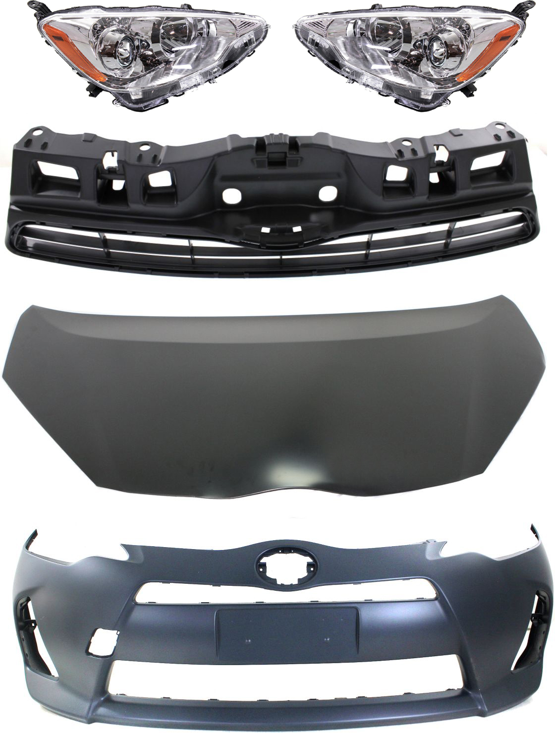 AM PRIUS C 12-14 HEAD LAMP RH AND LH Assembly Halogen 5 pc Kit with Bumper Cover Grille Assembly and Hood SKU KIT 60615-114 Partslink TO2503214 TO2502214 TO1000392 TO1200353 TO1230228 OEM 8111052E81-8115052E81-52119529