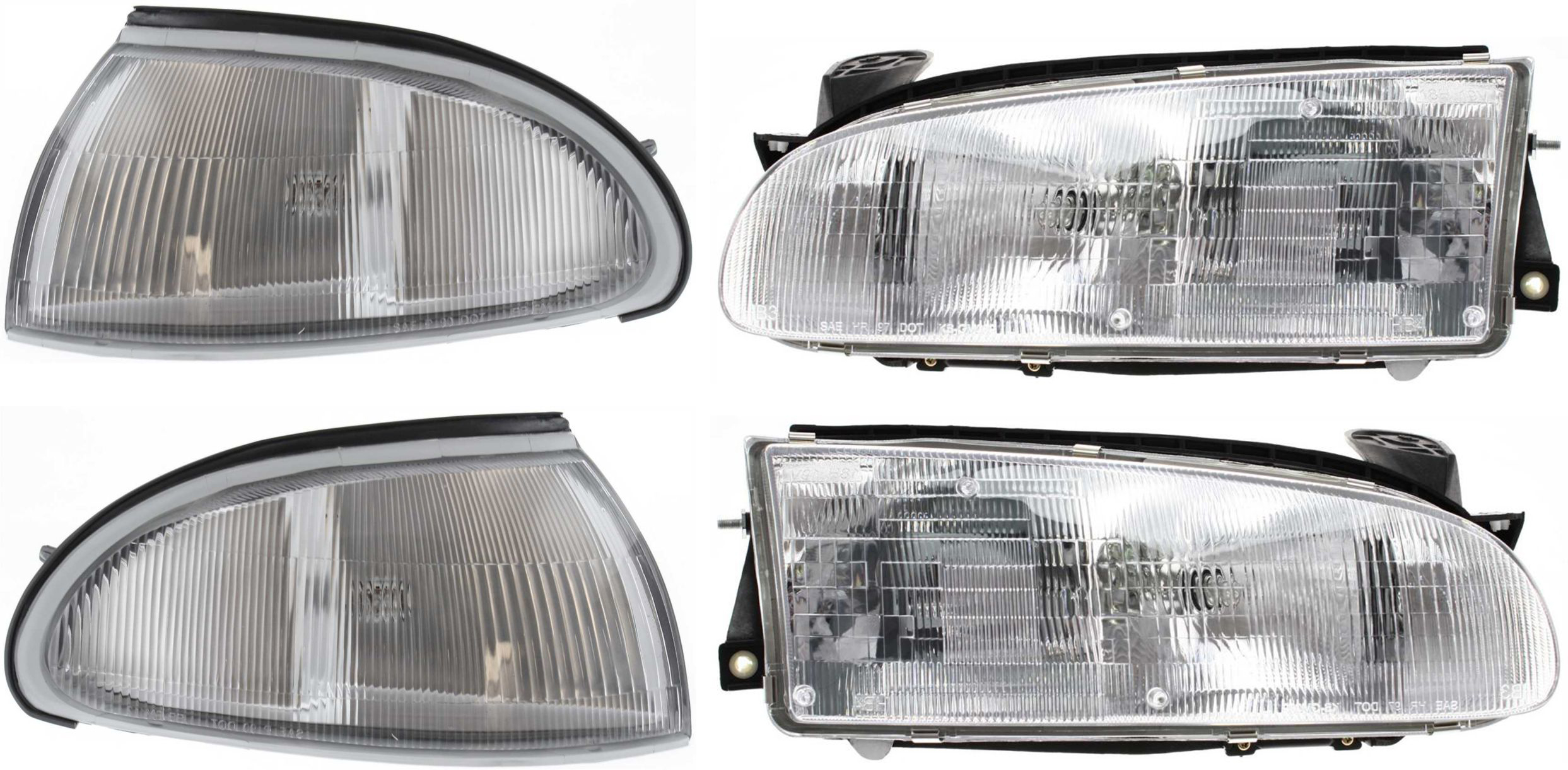 AM PRIZM 93-97 HEAD LAMP RH AND LH with Bulbs 4 pc Kit with Corner Lights SKU KIT 60615-118 Partslink GM2503134 GM2502134 GM2520127 GM2521127 OEM 94852389-94852390-94852394-948