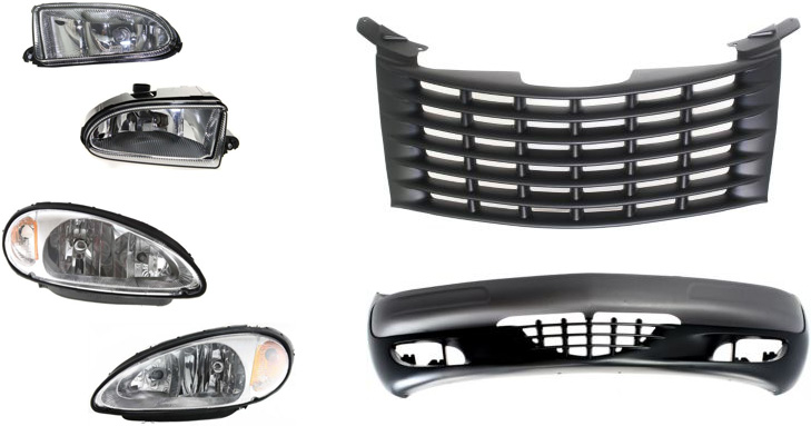 AM PT CRUISER 01-05 FRONT BUMPER COVER 6 pc Kit with Fog Lights Grille Assembly and Headlights SKU KIT 60615-139 Partslink CH1000293 CH1200241 CH2503131 CH2502131 OEM 5017861AB 5288797AD PFM 528879