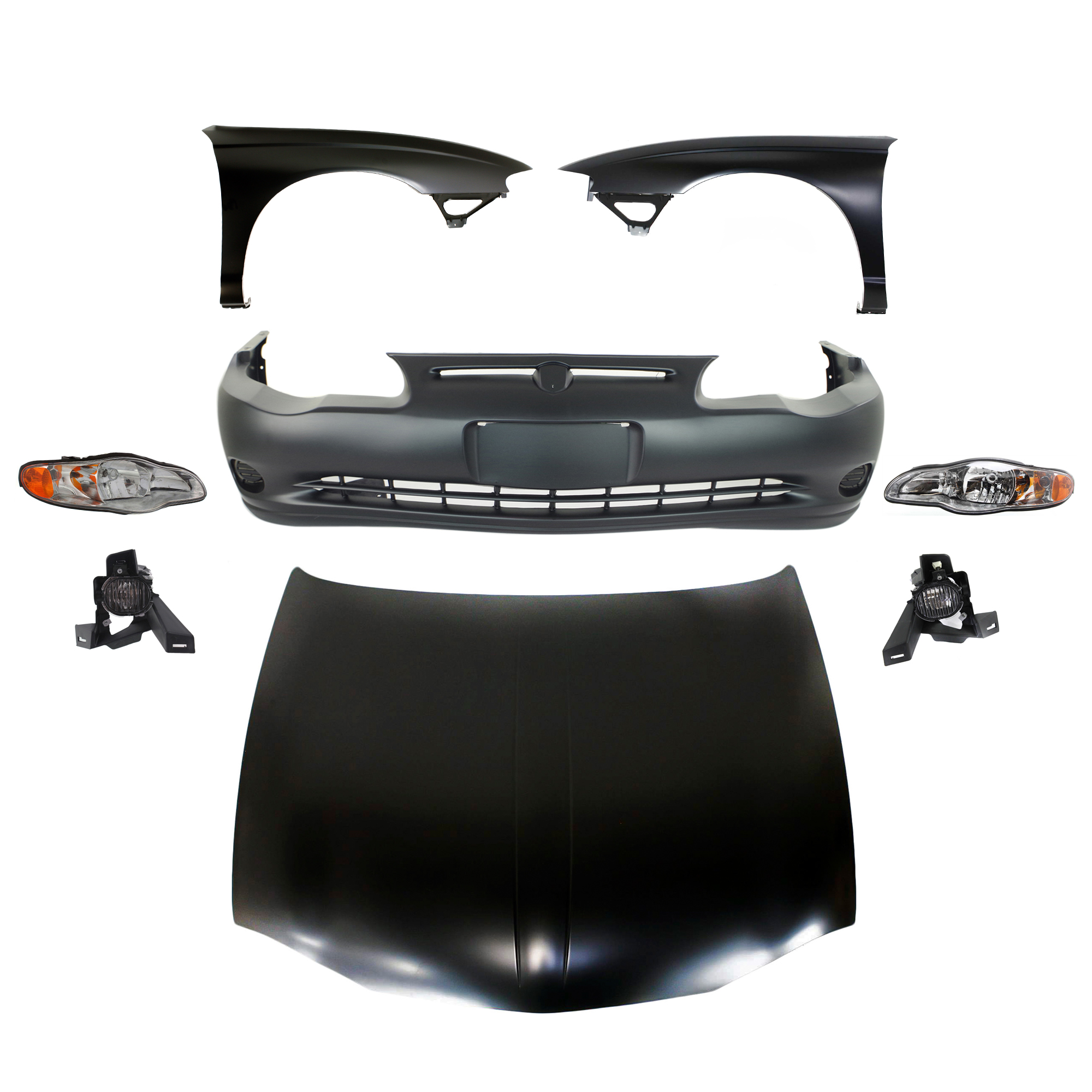 AM MONTE CARLO 00-05 FRONT BUMPER COVER 8 pc Kit Primed with Fenders Fog Lights Head Lights and Hood SKU KIT 60615-13 Partslink GM1000587 GM1240279 GM1241279 GM2592294 GM2593294 GM2502212 GM2503212 GM1230254 OEM 12335836-89025177-89025176-104