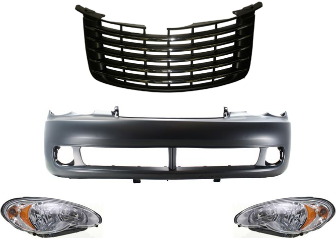 AM PT CRUISER 06-10 HEAD LAMP RH AND LH Assembly Halogen 4 pc Kit with Bumper Cover and Grille Assembly SKU KIT 60615-141 Partslink CH2503164 CH2502164 CH1000864 CH1200292 OEM 5116042AF 5116043AF 5179104AB