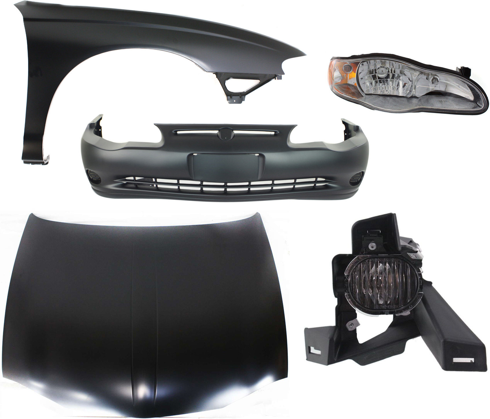 AM MONTE CARLO 00-05 HOOD 5 pc Kit with Bumper Cover Fender Fog Light and Headlight SKU KIT 60615-14 Partslink GM1230254 GM1000587 GM1241279 GM2593294 GM2503212 OEM 19120222-12335836-89025176-104