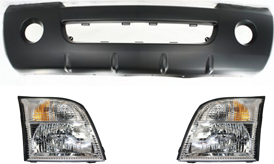 AM MOUNTAINEER 02-05 FRONT BUMPER COVER Primed 3 pc kit with Headlights SKU KIT 60615-16 Partslink FO1000503 FO2502188 FO2503188 OEM 1L2Z17D957UA 5L9Z13008BA 5L9Z1