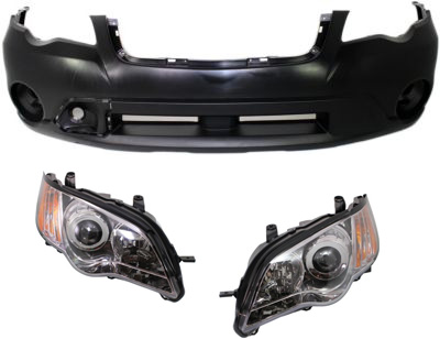 AM OUTBACK 08-09 FRONT BUMPER COVER Primed 3 pc kit with Headlights SKU KIT 60615-65 Partslink SU1000159 SU2502133 SU2503133 OEM 57704AG32A 84001AG53B 84001AG5
