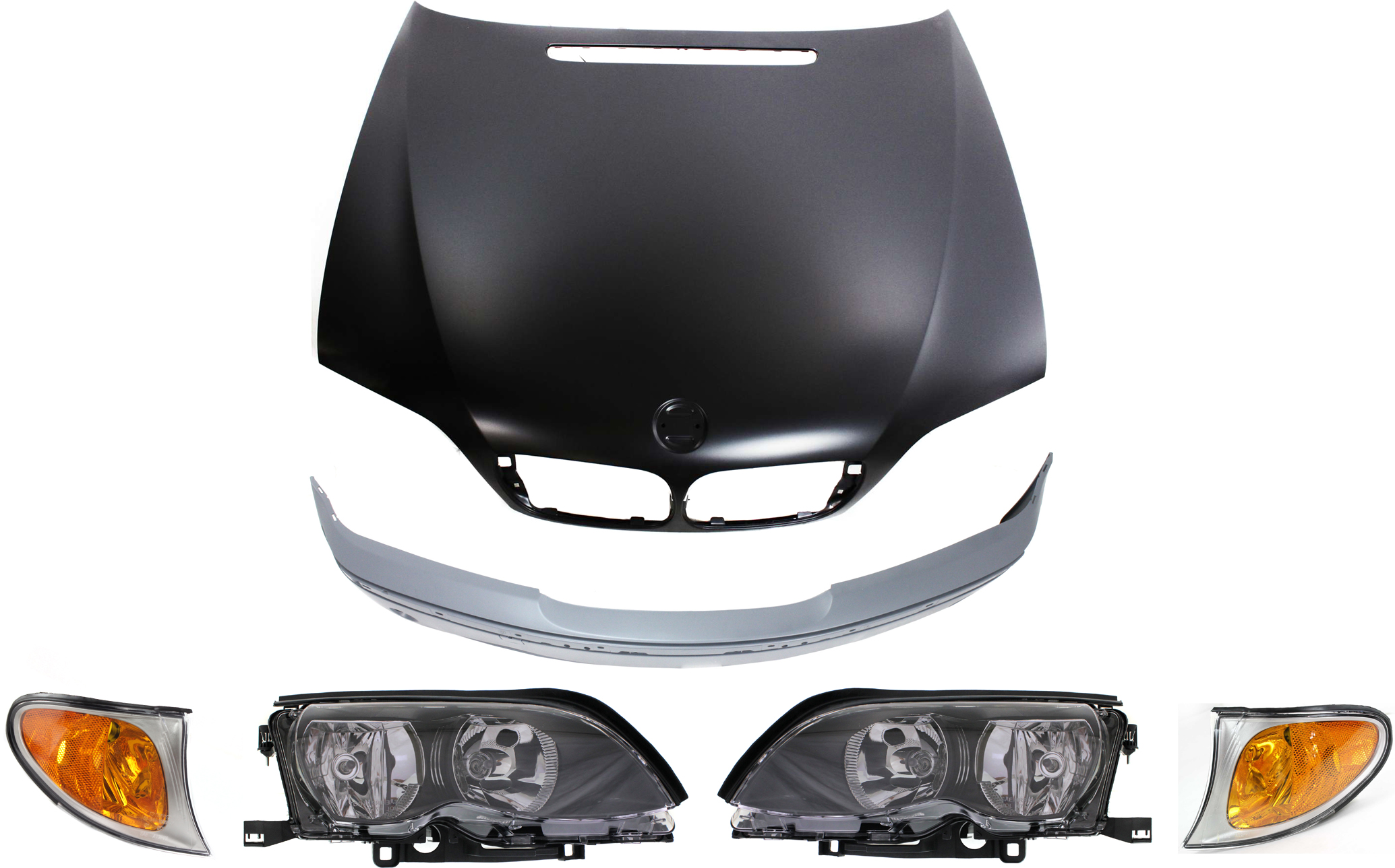 AM 3 SERIES 02-05 HOOD 6 pc Kit Amber Lens Titanium Gray Interior Sedan Wagon with Bumper Cover Corner Lights and Headlights SKU KIT 61115-02 Partslink BM1230115 BM1000146 BM2520110 BM2521110 BM2502122 BM2503122 OEM 41617042893-51117044116-631369