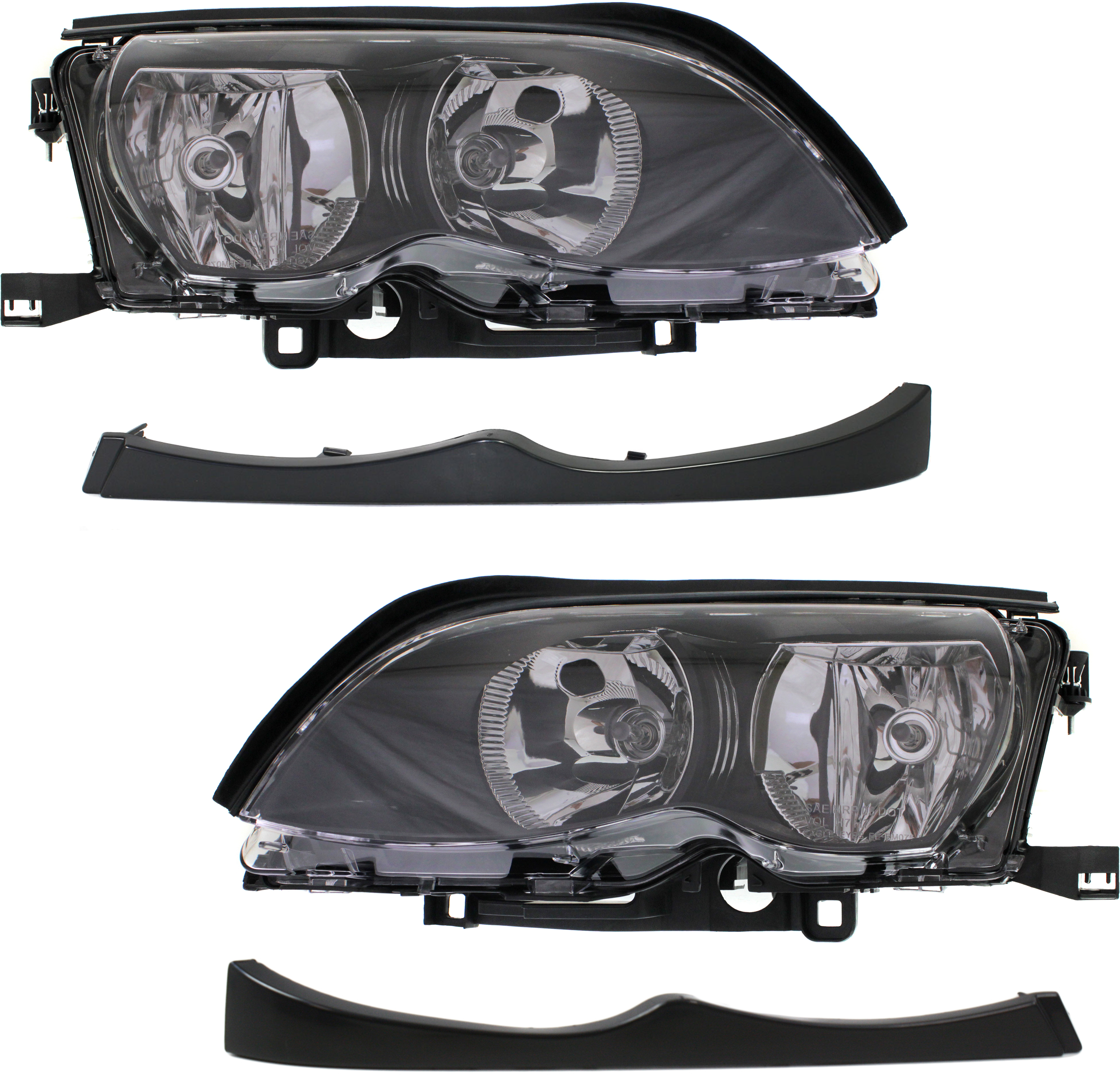 AM 3 SERIES 02-05 HEAD LAMP RH AND LH Assembly Halogen 4 pc Kit with Headlight Fillers SKU KIT 61115-05 Partslink BM2503122 BM2502122 BM2512102 BM2513102 OEM 63127165772-63127165771-511370