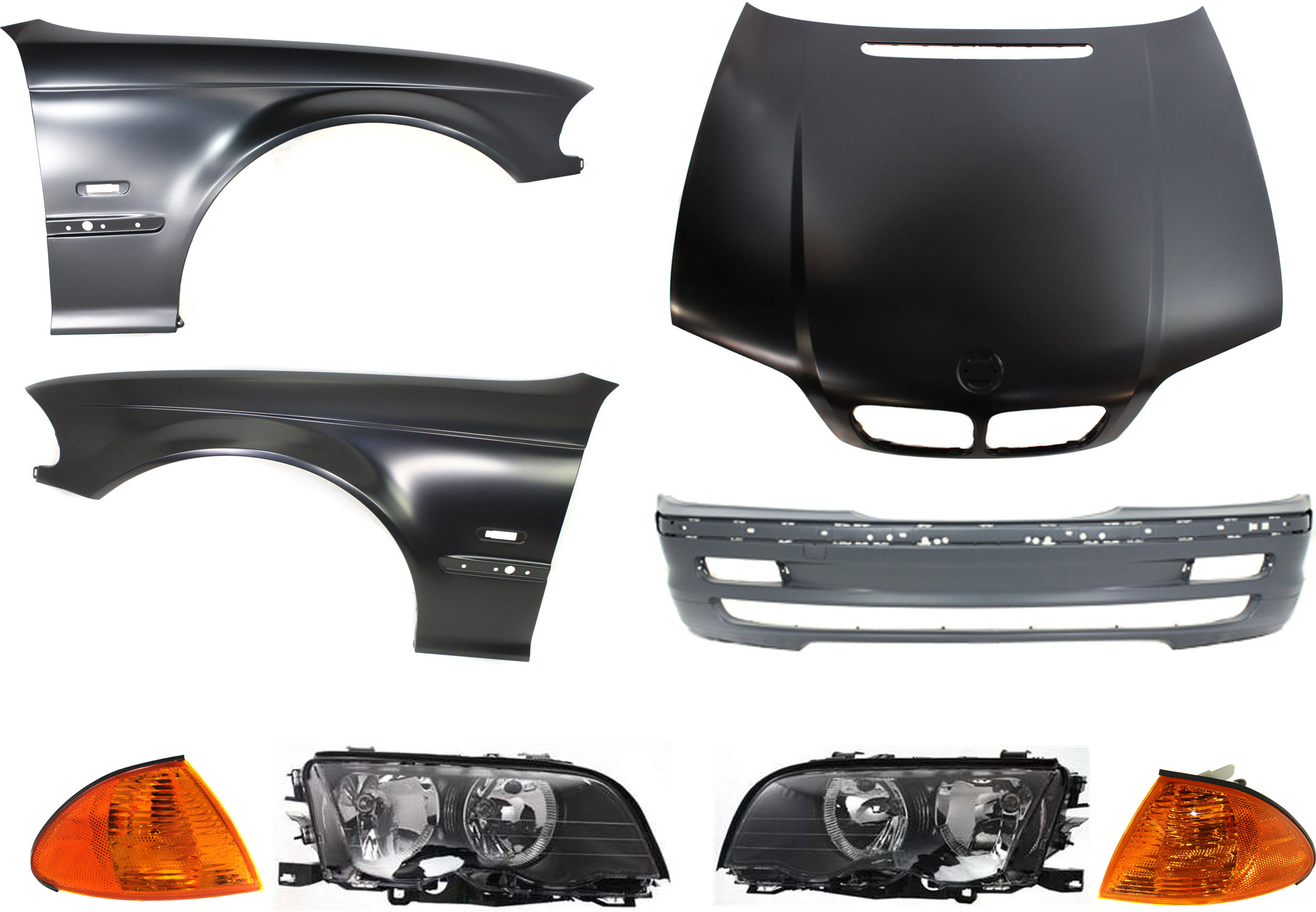AM 3 SERIES 99-01 HOOD 8 pc Kit with Bumper Cover Corner Lights Fenders and Headlights SKU KIT 70315-03 Partslink BM1230109 BM1000126 BM2520104 BM2521104 BM1240122 BM1241122 BM2502102 BM2503102 OEM 41618238461-51118195284-631369