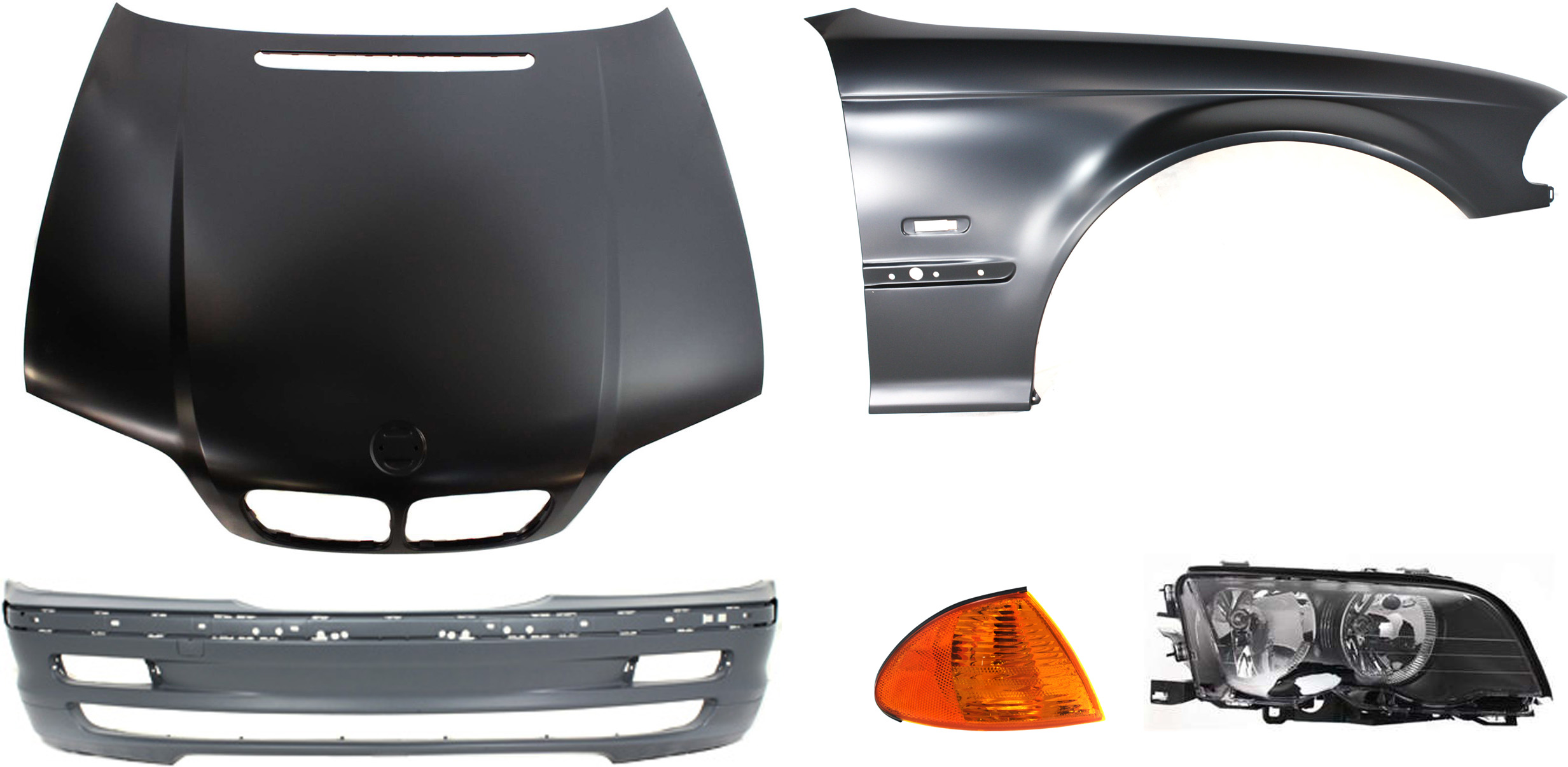 AM 3 SERIES 99-01 HOOD 5 pc Kit with Bumper Cover Corner Light Fender and Headlight SKU KIT 70315-05 Partslink BM1230109 BM1000126 BM2521104 BM1241122 BM2503102 OEM 41618238461-51118195284-631369
