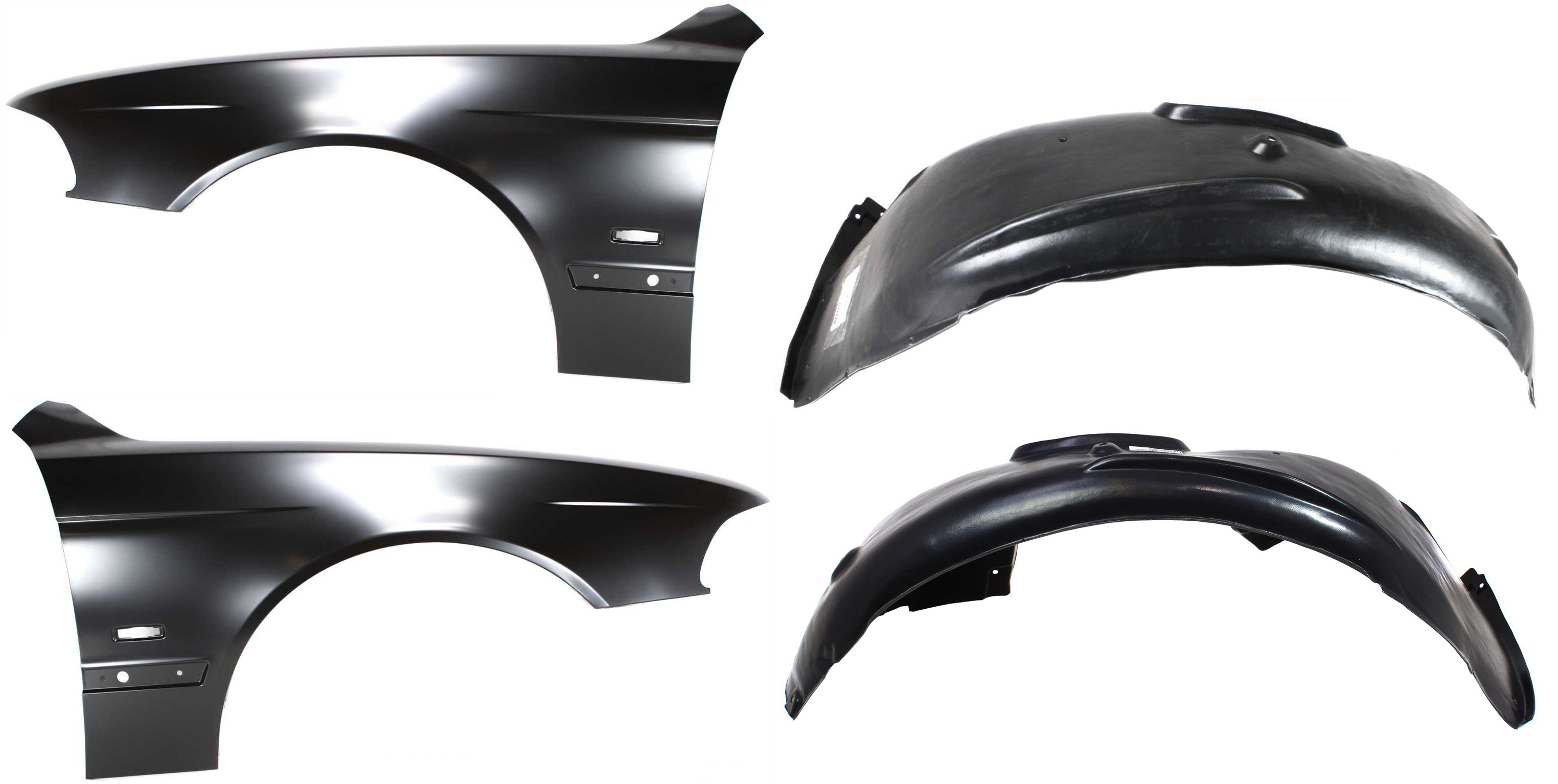 AM 5 SERIES 97-03 FRONT FENDER RH AND LH 4 pc kit with Fender Liners SKU KIT 70315-17 Partslink BM1240120 BM1241120 BM1250104 BM1251104 OEM 41358162133-41358162134-517181
