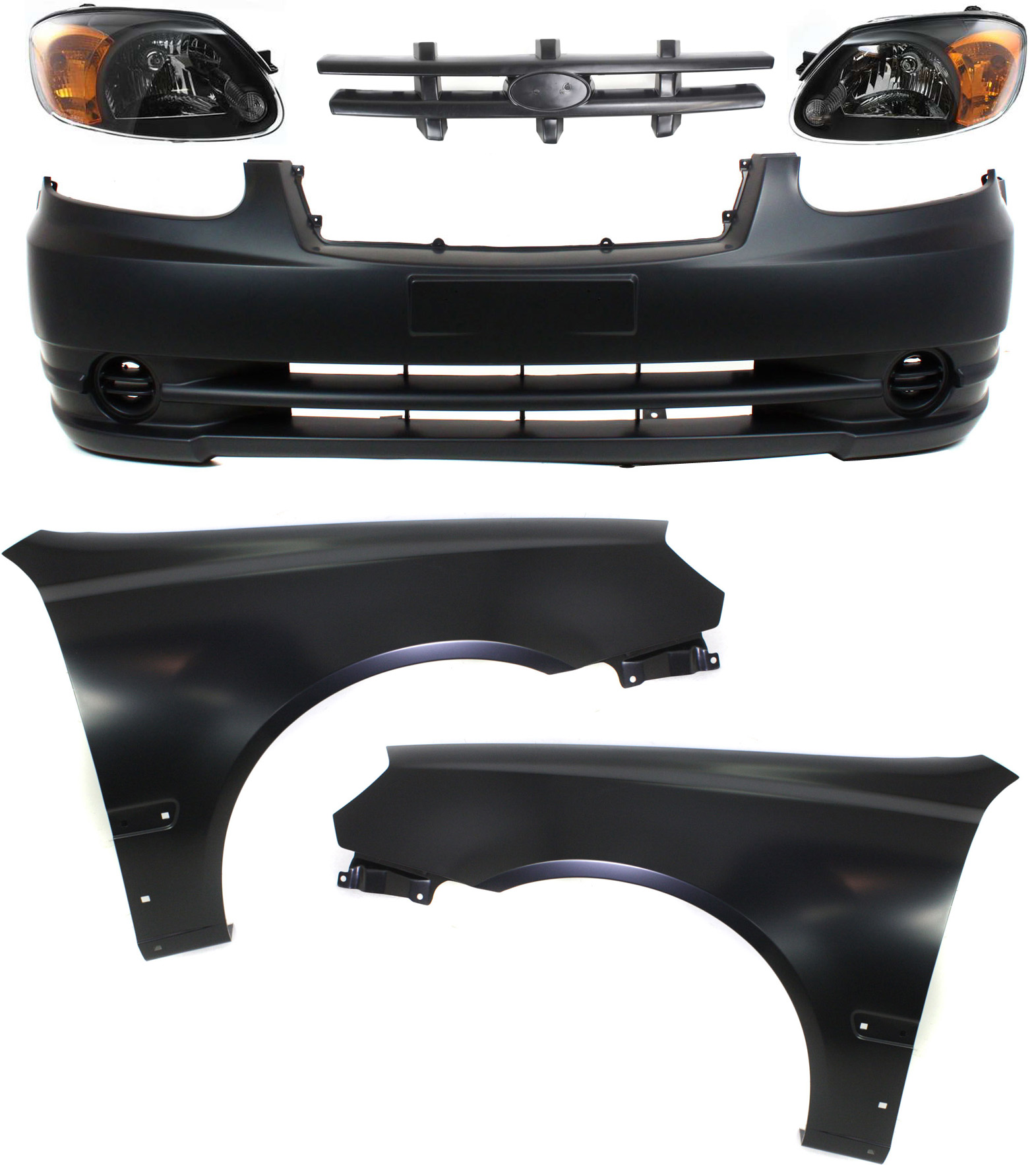 AM ACCENT 03-06 HEAD LAMP RH AND LH with Bulbs 6 pc Kit with Bumper Cover Grille and Fenders SKU KIT 70315-20 Partslink HY2502128 HY2503128 HY1000145 HY1240131 HY1241131 HY1200135 OEM 9210125550-9210225550-86511256