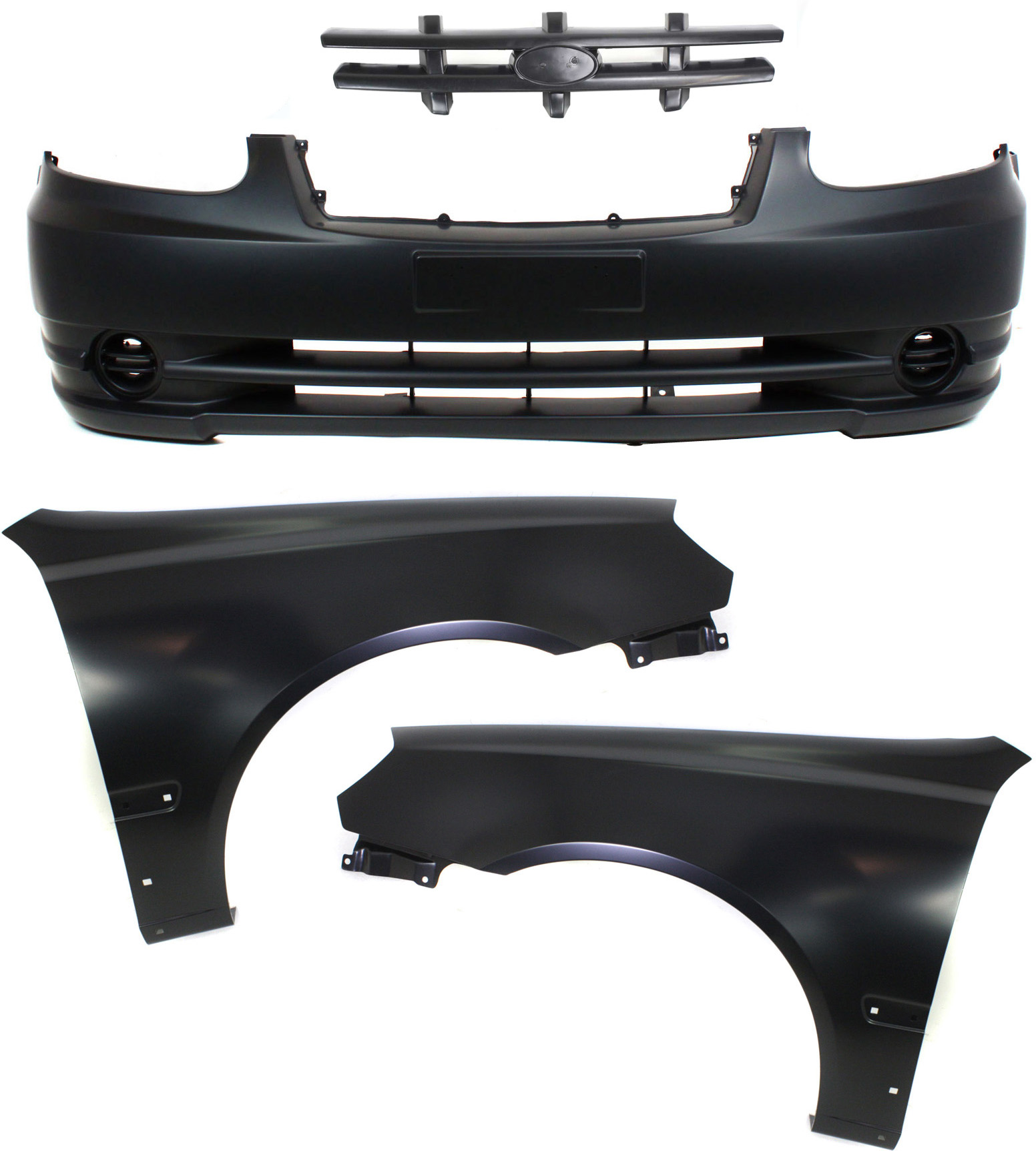 AM ACCENT 03-06 FRONT BUMPER COVER Primed 4 pc Kit with Grille and Fenders SKU KIT 70315-21 Partslink HY1000145 HY1240131 HY1241131 HY1200135 OEM 8651125650-6631125660-66321256