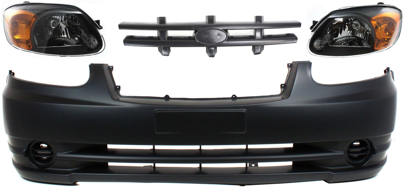 AM ACCENT 03-06 HEAD LAMP RH AND LH Assembly Halogen 4 pc Kit with Bumper Cover and Grille Assembly SKU KIT 70315-22 Partslink HY2503128 HY2502128 HY1000145 HY1200135 OEM 9210225550-9210125550-86511256