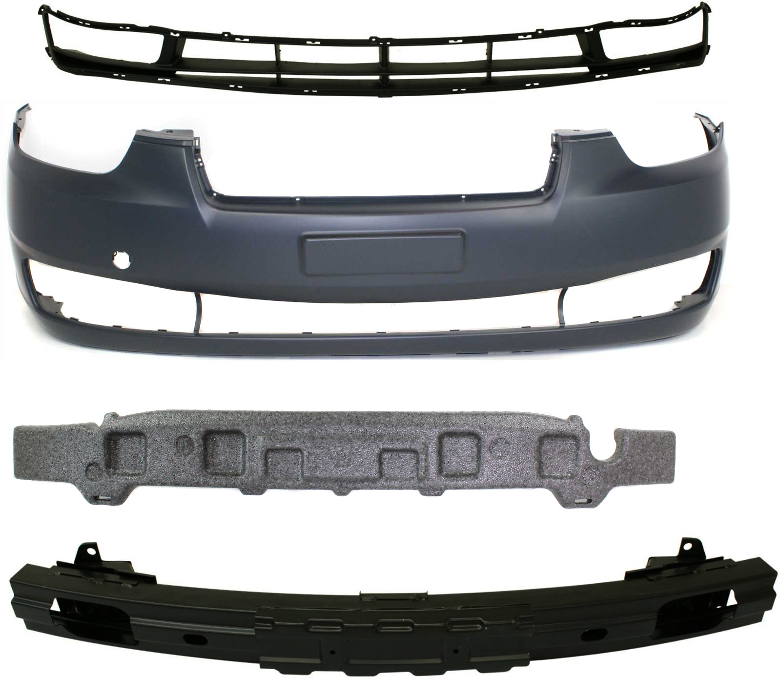 AM ACCENT 06-11 FRONT BUMPER COVER 4 pc kit with Bumper Absorber Bumper Grille and Bumper Reinforcement SKU KIT 70315-25 Partslink HY1000163 HY1070123 HY1036106 HY1006124 OEM 865111E010-865201E050-865221E0