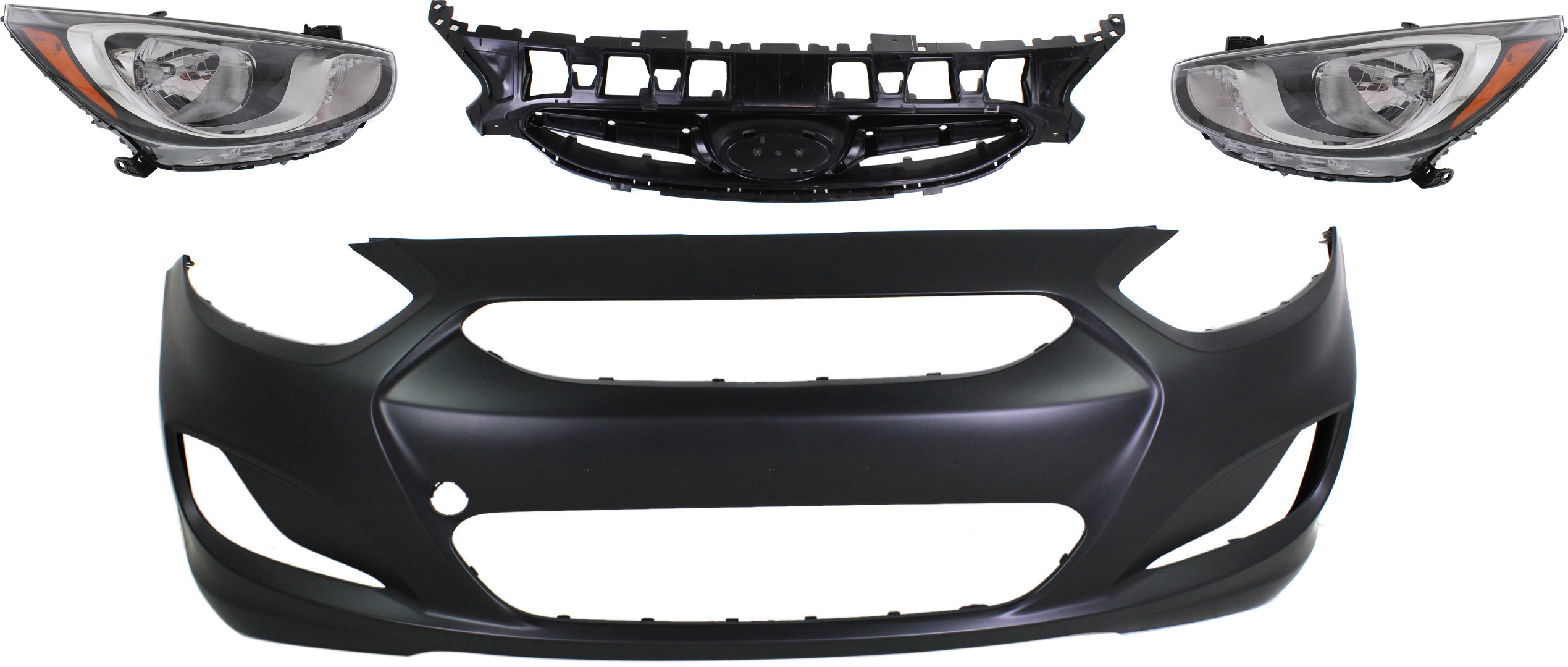 AM ACCENT 12-13 HEAD LAMP RH AND LH Assembly Halogen 4 pc Kit with Bumper Cover and Grille Assembly SKU KIT 70315-29 Partslink HY2503163 HY2502163 HY1000188 HY1200161 HY1200177 OEM 921021R010-921011R010-865111R0