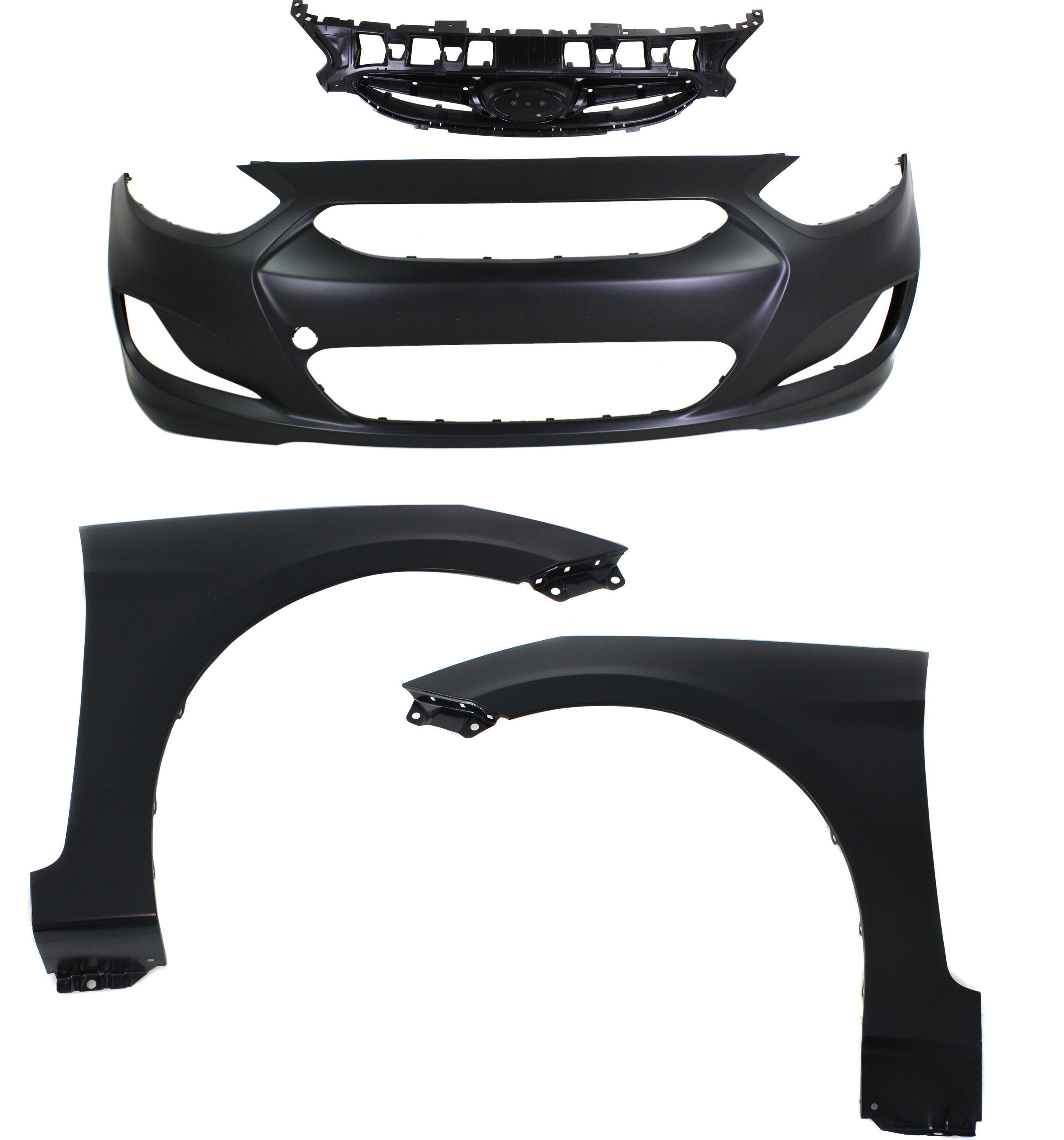 AM ACCENT 12-13 FRONT BUMPER COVER Primed 4 pc Kit with Grille and Fenders SKU KIT 70315-30 Partslink HY1000188 HY1240154 HY1241154 HY1200161 HY1200177 OEM 865111R000-663111R350-663211R3