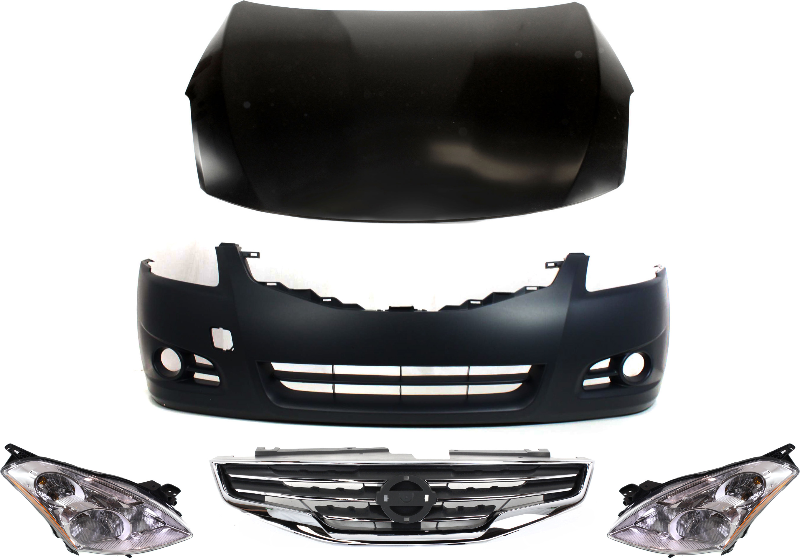 AM ALTIMA 10-12 HOOD 5 pc Kit Steel Primed 4 Door Sedan w Bumper Cover Grille Assembly and Headlights SKU KIT 70315-42 Partslink NI1230191 NI1000268 NI1200236 NI2503190 NI2502190 OEM 65100ZX00A PFM 62022ZX00H 6207