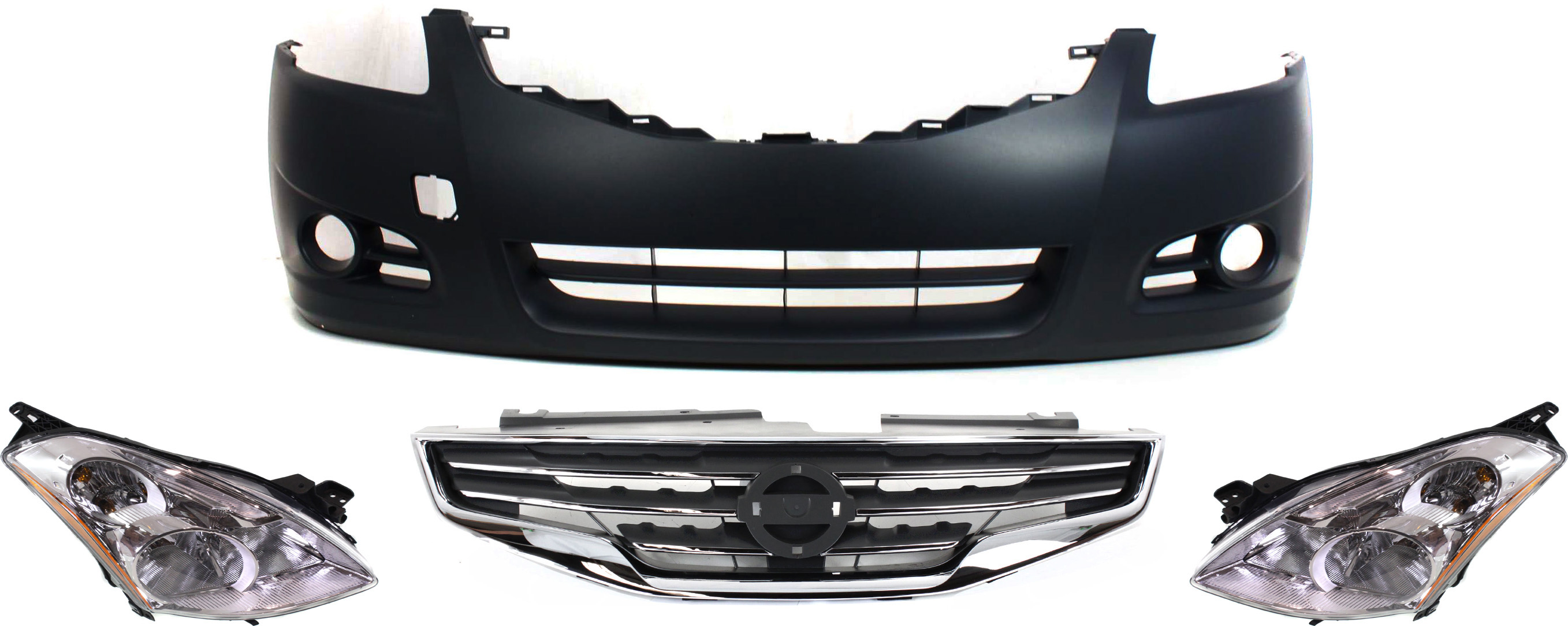 AM ALTIMA 10-12 HEAD LAMP RH AND LH Assembly Halogen 4 pc Kit w Bumper Cover and Grille Assembly SKU KIT 70315-43 Partslink NI2502190 NI2503190 NI1000268 NI1200236 OEM 26010ZX00A 26060ZX00A 62022ZX0