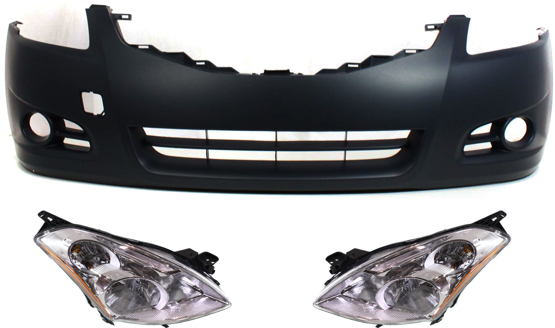 AM ALTIMA 10-12 HEAD LAMP RH AND LH Assembly Halogen 3 pc Kit w Bumper Cover SKU KIT 70315-44 Partslink NI2502190 NI2503190 NI1000268 OEM 26060ZX00A 26010ZX00A 62022ZX0