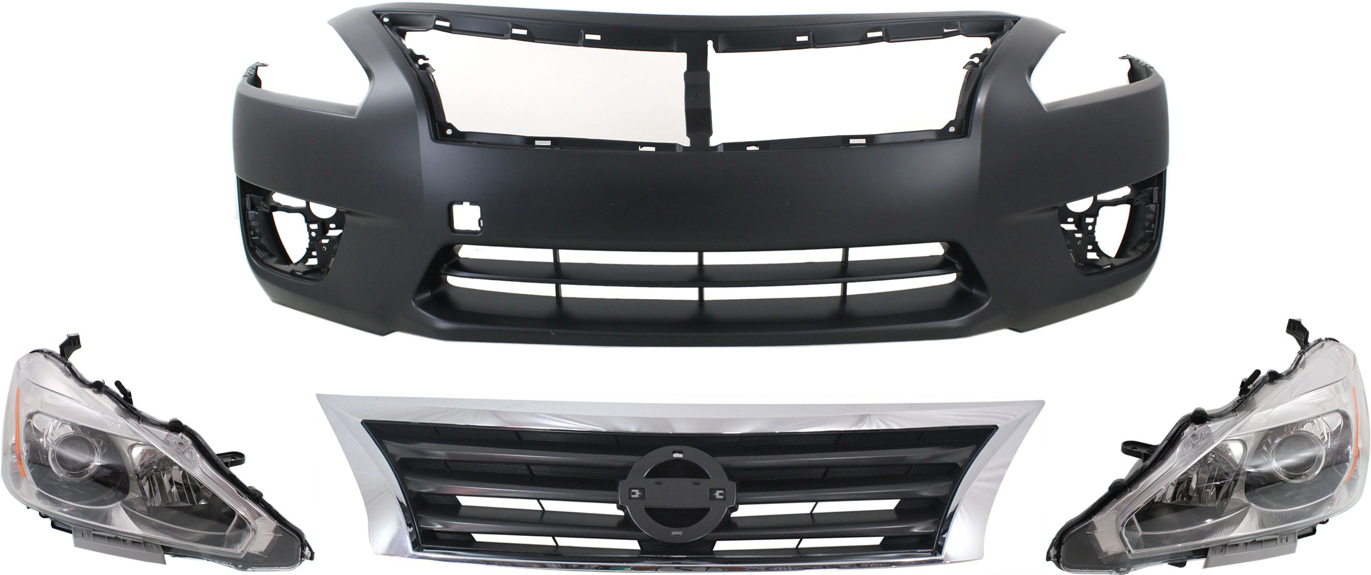 AM ALTIMA 13-15 HEAD LAMP RH AND LH Assembly Halogen 4 pc Kit with Bumper Cover and Grille Assembly SKU KIT 70315-46 Partslink NI2503208 NI2502208 NI1000285 NI1200250 OEM 260103TA9A 260603TA9A 620223TA