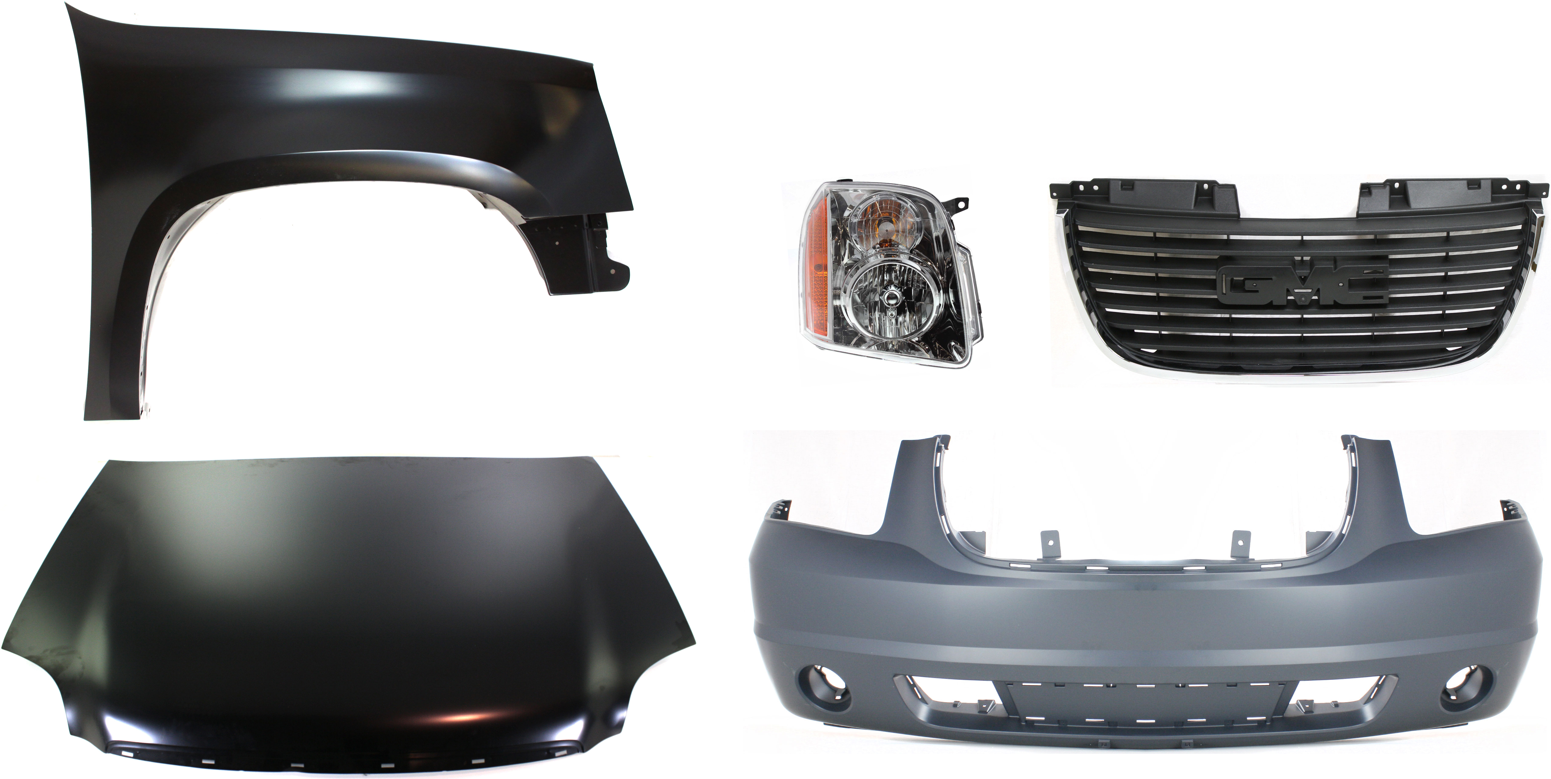 AM YUKON 07-14 FRONT FENDER RH 5 pc Kit Includes Bumper Cover Grille Assembly Headlight and Hood SKU KIT 70815-15 Partslink GM1241339 GM1000818 GM1200576 GM2503265 GM1230358 OEM 22977478-25890766-22761714-209