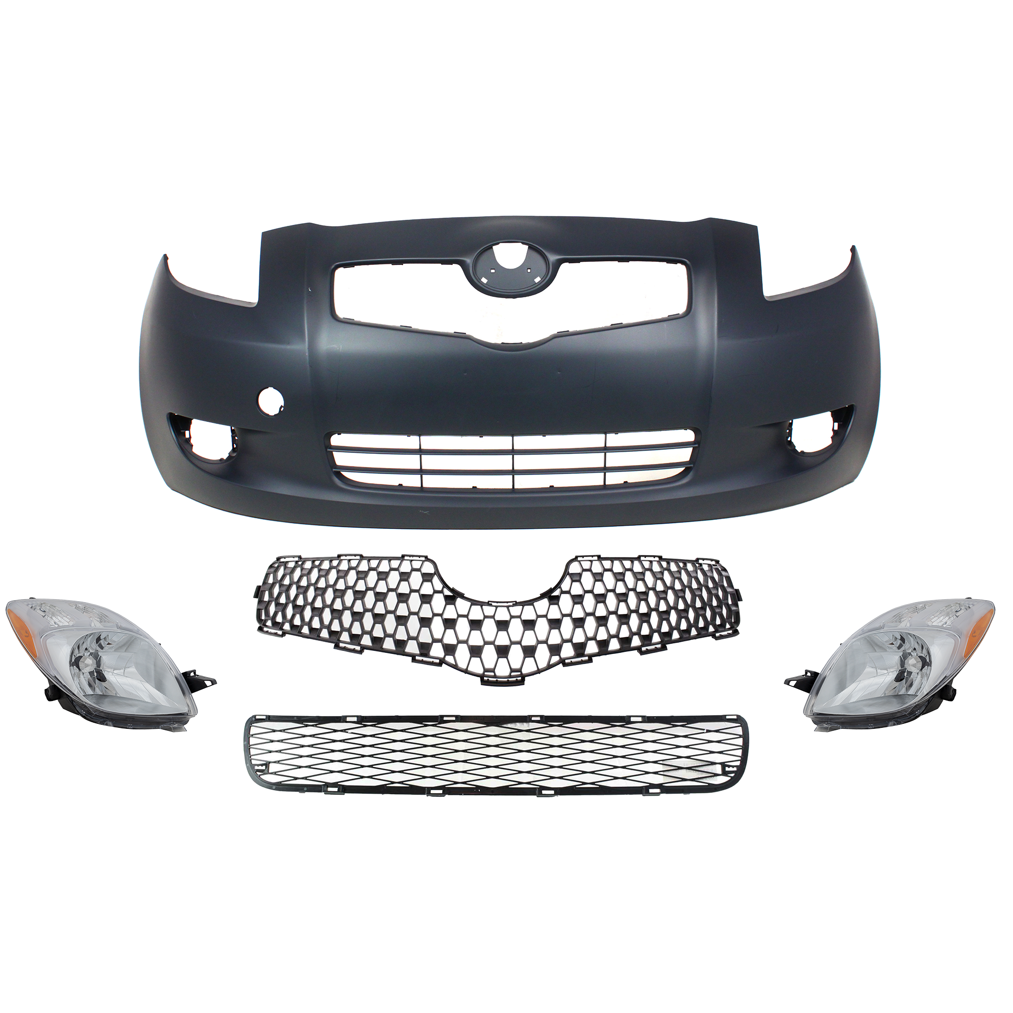 AM YARIS 07-08 HEAD LAMP RH AND LH Lens and Housing Halogen 5 pc Kit with Bumper Cover Bumper Grille and Grille Assembly SKU KIT 70815-25 Partslink TO2503170 TO2502170 TO1000325 TO1036107 TO1200295 OEM 8113052611-8117052601-52119529
