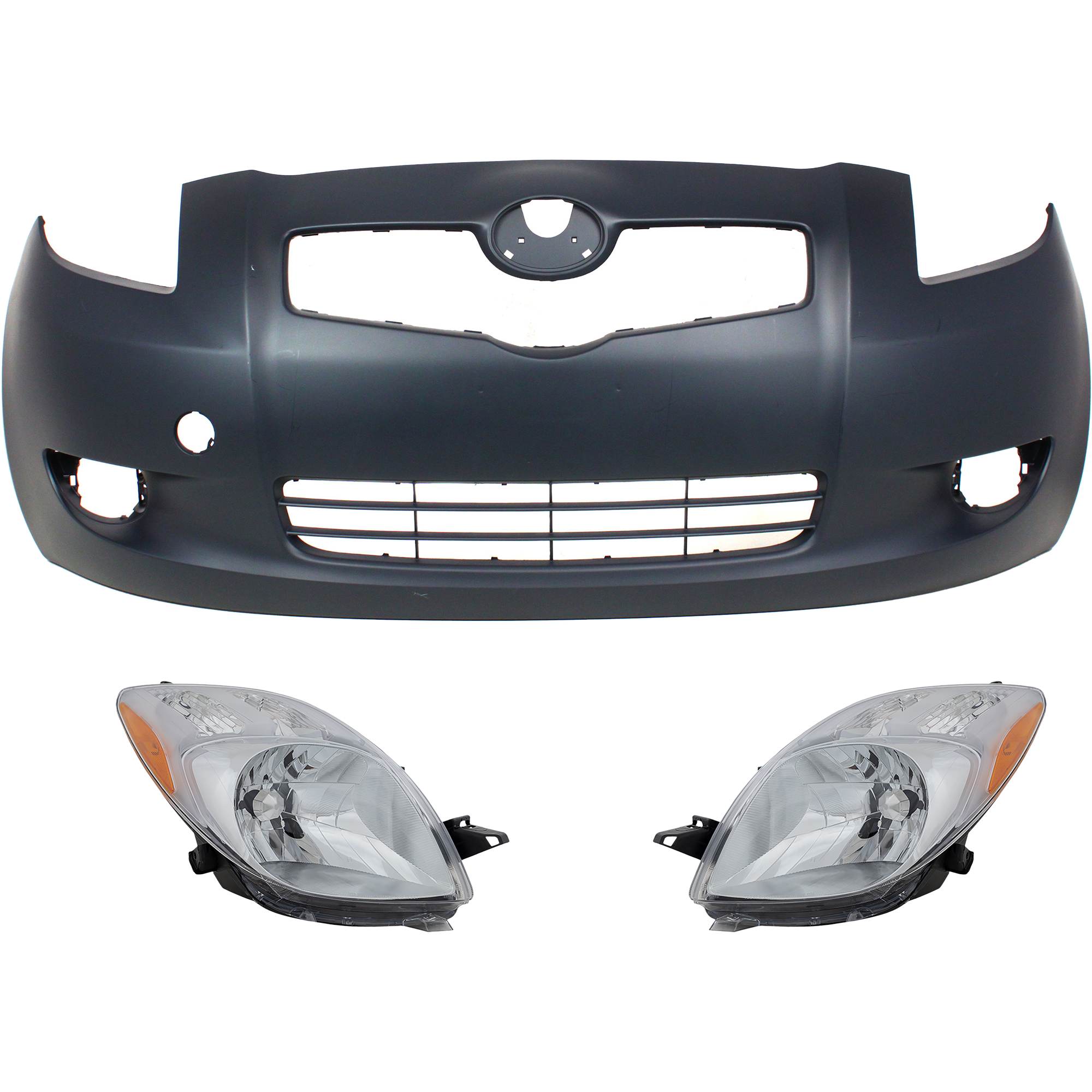 AM YARIS 07-08 HEAD LAMP RH AND LH Lens and Housing Halogen 3 pc Kit with Bumper Cover SKU KIT 70815-27 Partslink TO2503170 TO2502170 TO1000325 OEM 8113052611-8117052601-52119529