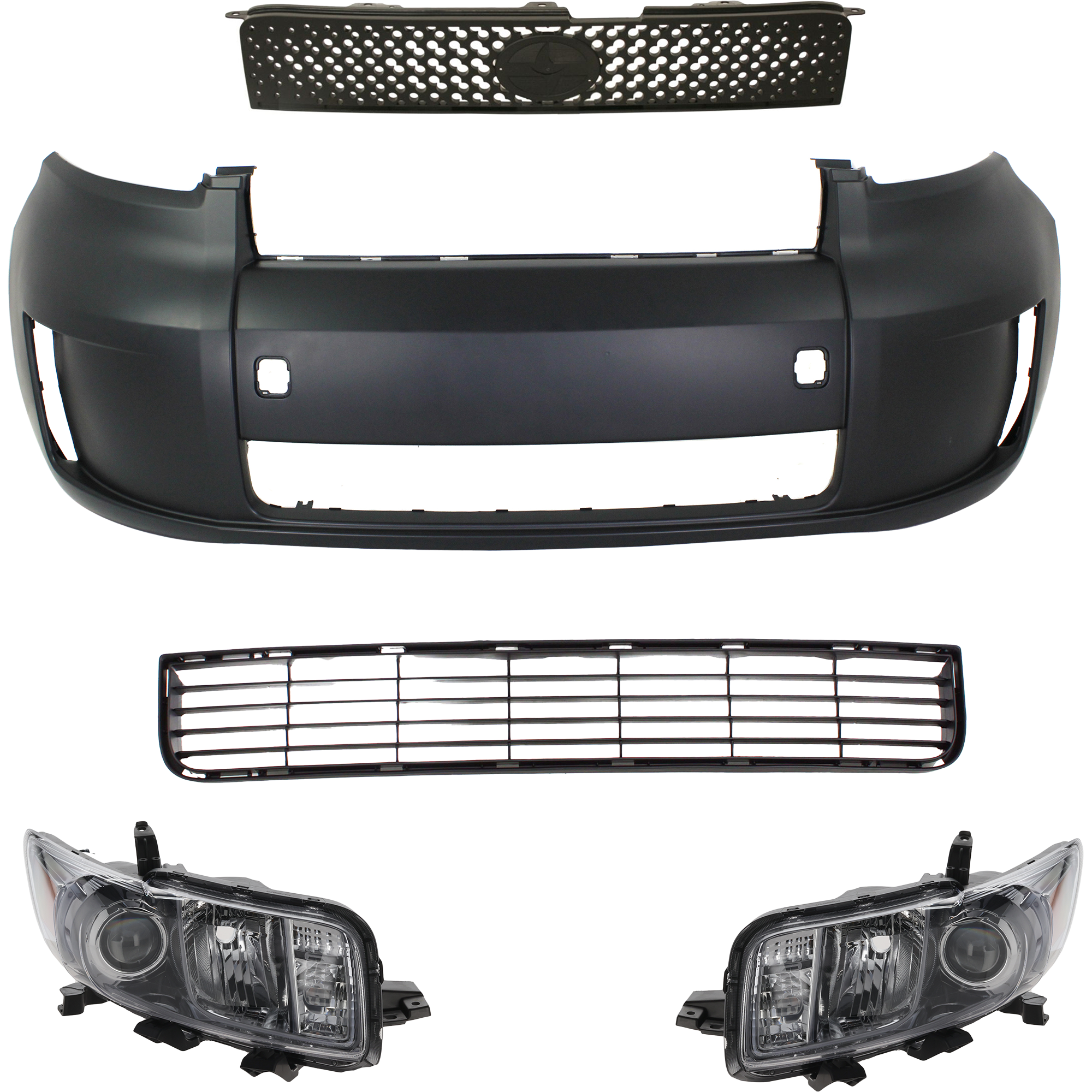 AM XB 08-10 HEAD LAMP RH AND LH Lens and Housing Halogen 5 pc Kit with Bumper Cover Bumper Grille and Grille Assembly SKU KIT 70815-42 Partslink SC2503102 SC2502102 SC1000105 SC1036102 SC1200105 OEM 8113012B90-8117012B90-52119129