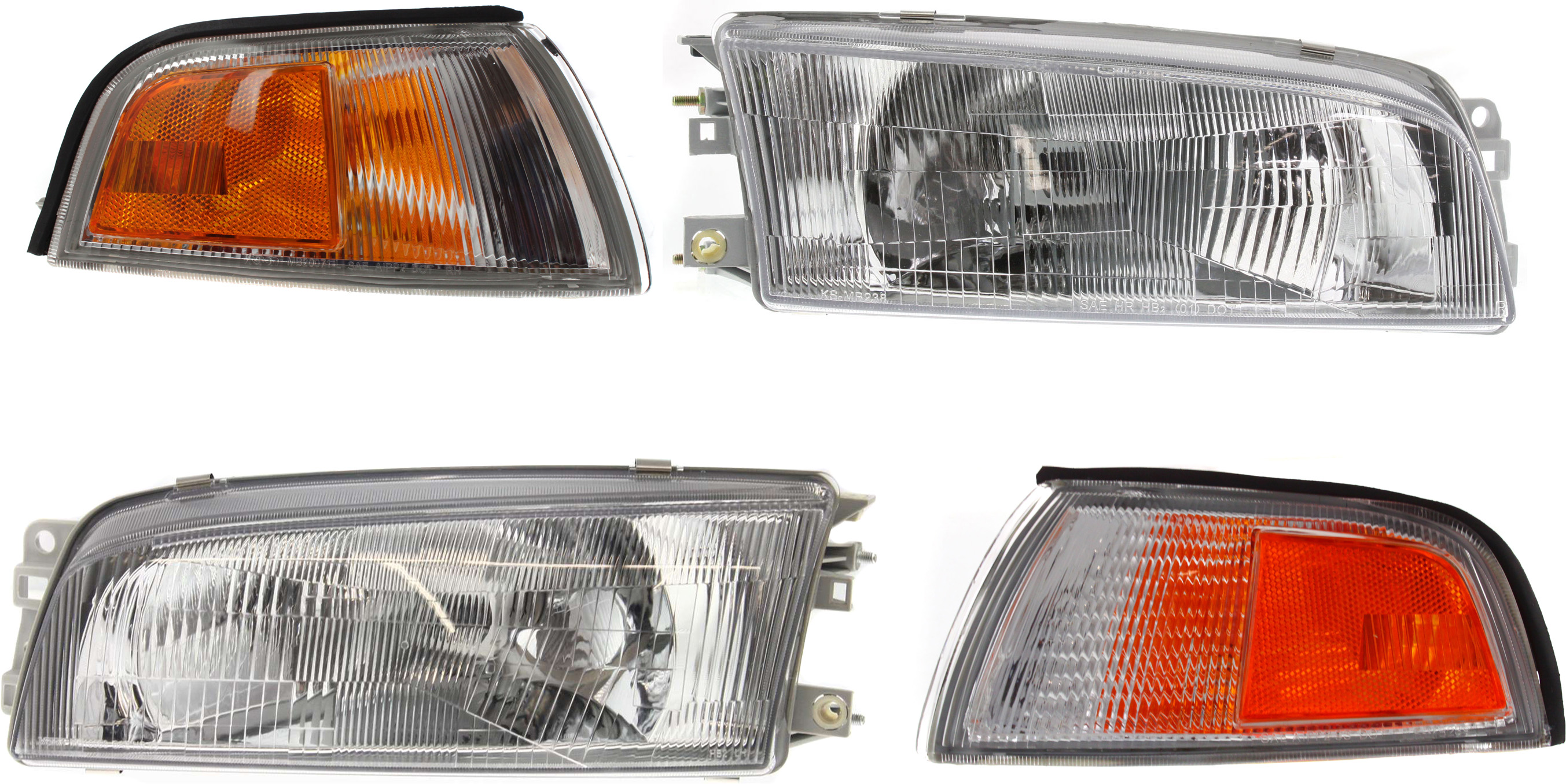 AM MIRAGE 97-01 HEAD LAMP RH AND LH Assembly Halogen 4 pc Kit with Corner Light SKU KIT 71013-03 Partslink MI2503114 MI2502114 MI2520107 MI2521107 OEM MR476690 MR476689 MR296305 MR2