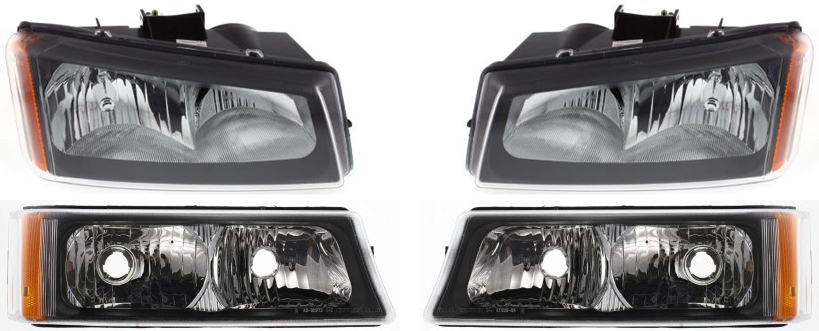 AM SILVERADO 03-06 HEAD LAMP RH AND LH with Bulbs 4 pc Kit with Turn Signal Lights SKU KIT 71013-04 Partslink GM2503257 GM2502257 GM2520185 GM2521185 OEM 10396912-10396913-15199556-151