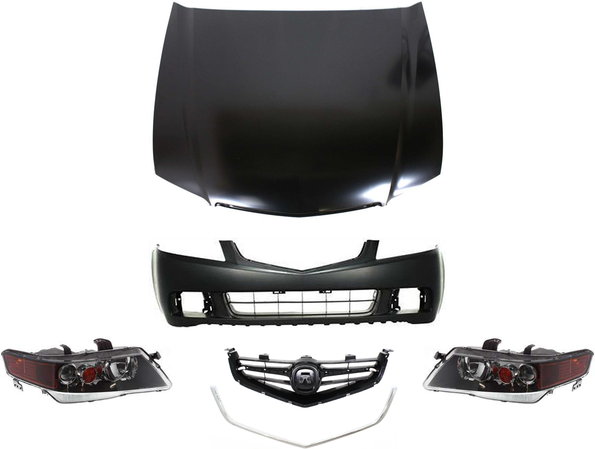 AM TSX 04-05 HOOD Primed 6 pc Kit with Bumper Cover Grille Grille Trim and Headlights SKU KIT 71615-30 Partslink AC1230114 AC1000145 AC1200110 AC1210106 AC2519106 AC2518106 OEM 60100SEAA90ZZ 04711SECA90ZZ 71
