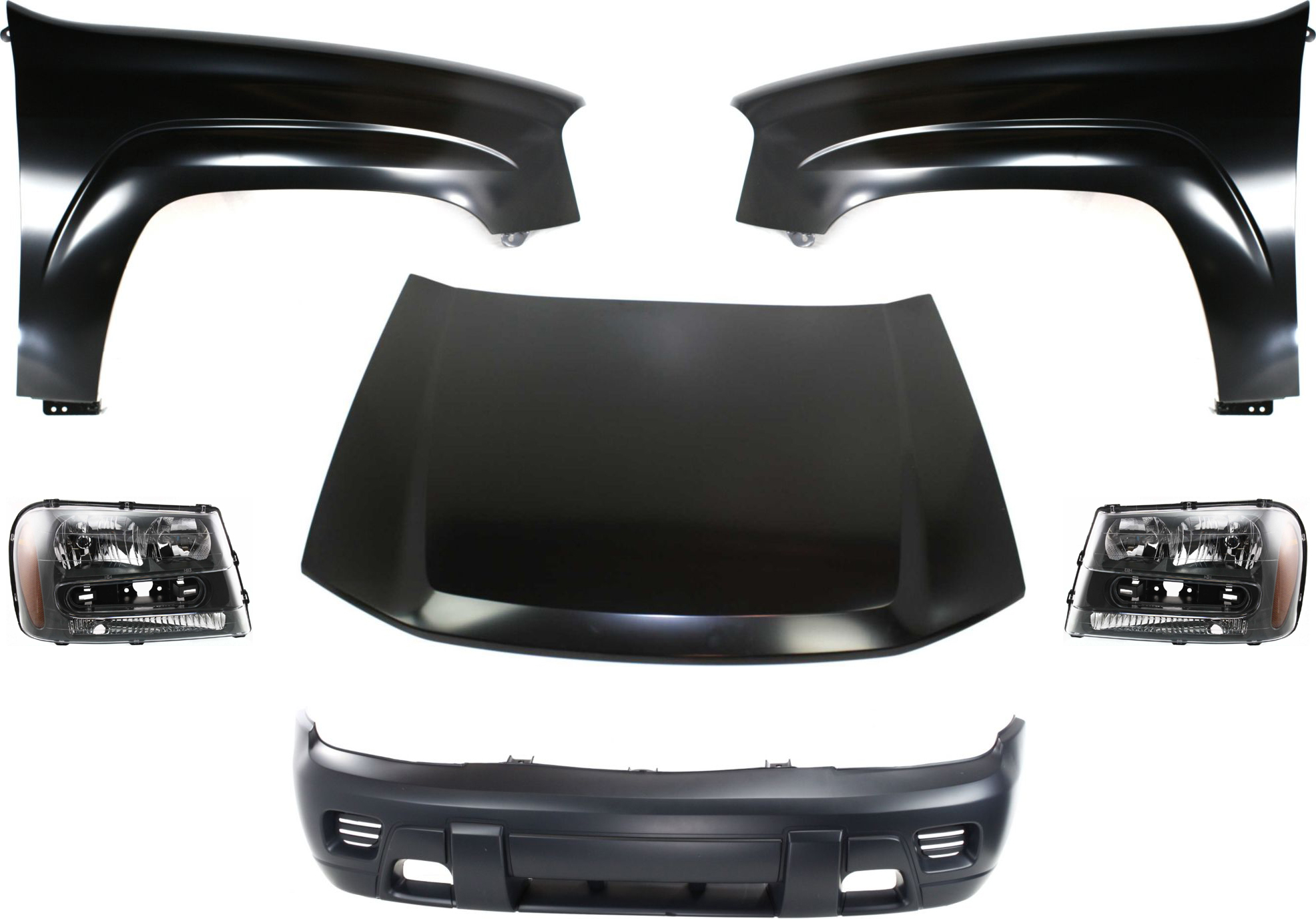 AM TRAILBLAZER 02-09 HOOD 6 pc Kit with Bumper Cover Fenders and Headlights SKU KIT 71615-36 Partslink GM1230264 GM1000640 GM1240289 GM1241289 GM2502213 GM2503213 OEM 12478013-88937008-12477993-124