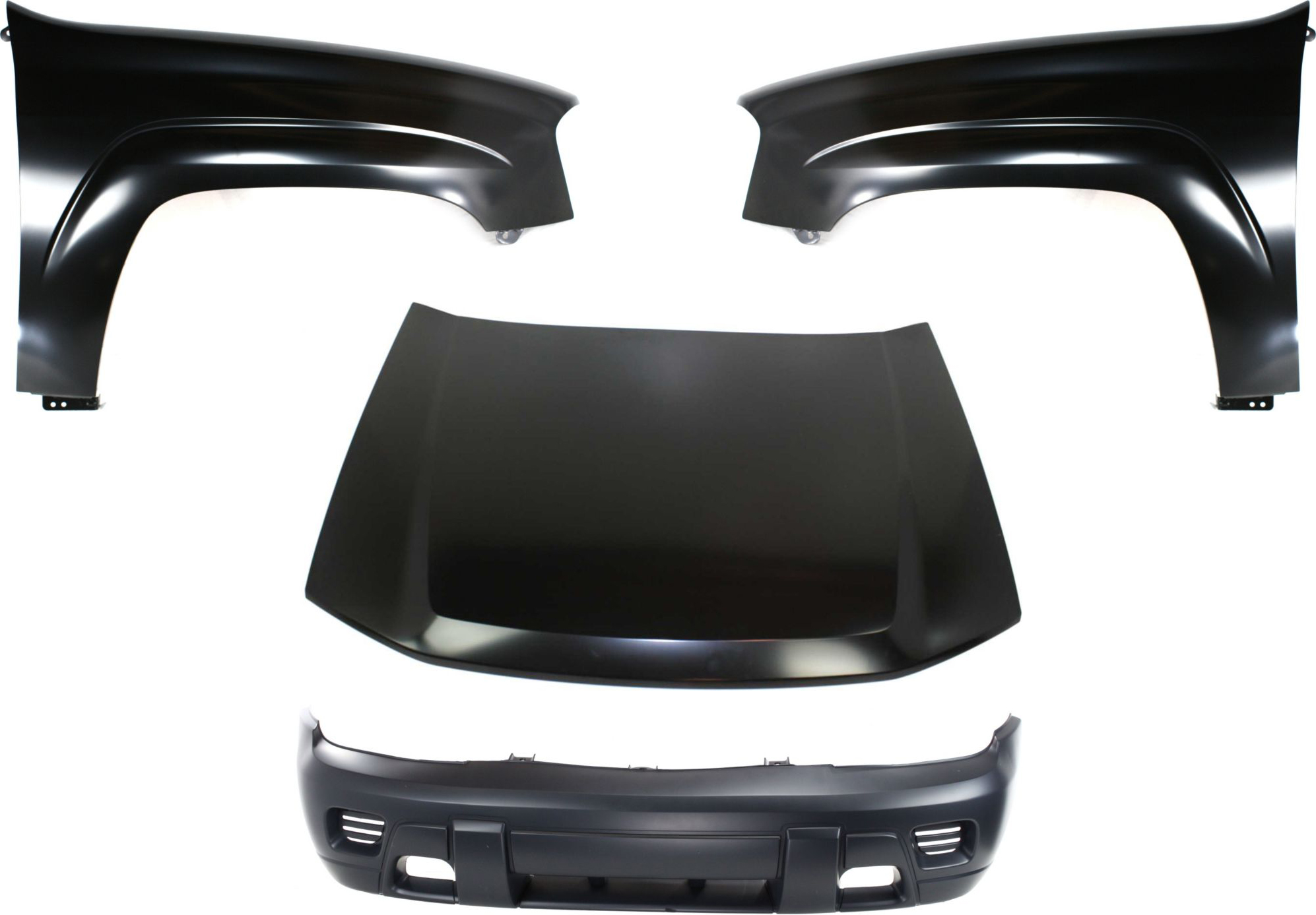 AM TRAILBLAZER 02-09 HOOD 4 pc Kit with Bumper Cover and Fenders SKU KIT 71615-37 Partslink GM1230264 GM1000640 GM1240289 GM1241289 OEM 12478013-88937008-12477993-124