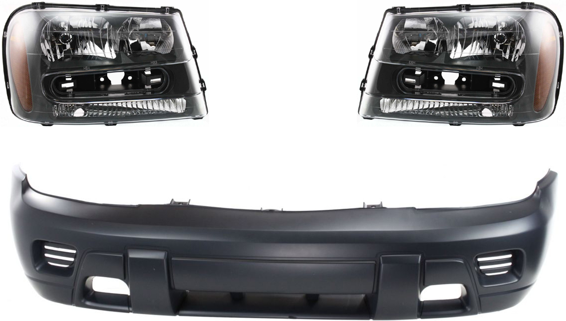 AM TRAILBLAZER 02-09 TRAILBLAZER EXT 02-06 HEAD LAMP RH AND LH Assembly Halogen 3 pc Kit with Bumper Cover SKU KIT 71615-38 Partslink GM2502213 GM2503213 GM1000640 OEM 25970914-25970915-88937008