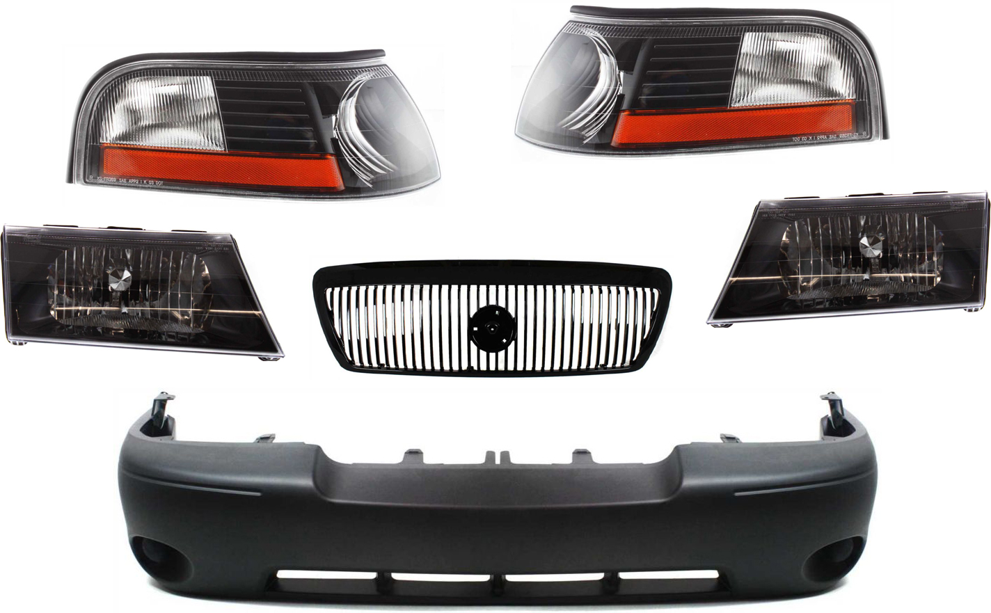 AM MARAUDER 03-04 FRONT BUMPER COVER 6 pc Kit with Grille Corner Lights and Headlights SKU KIT 72115-11 Partslink FO1000529 FO2520172 FO2521172 FO1200409 OEM 3W3Z17D957AAA 3W3Z13201BA 3W3Z