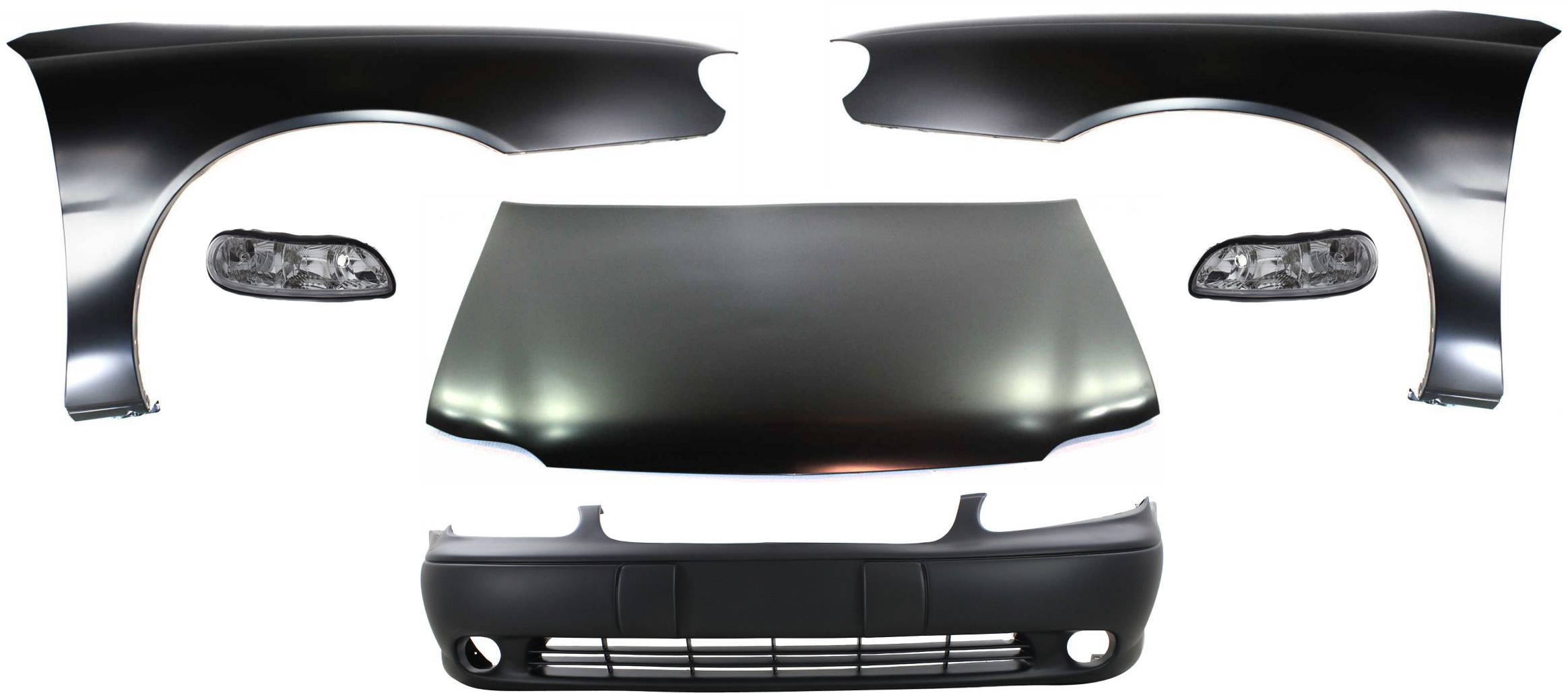AM CLASSIC 04-05 MALIBU 97-03 HOOD 6 pc Kit with Bumper Cover Fenders and Headlights SKU KIT 72115-14 Partslink GM1230220 GM1000540 GM1240254 GM1241254 GM2502154 GM2503154 OEM 22601675-12463112-22602679-226