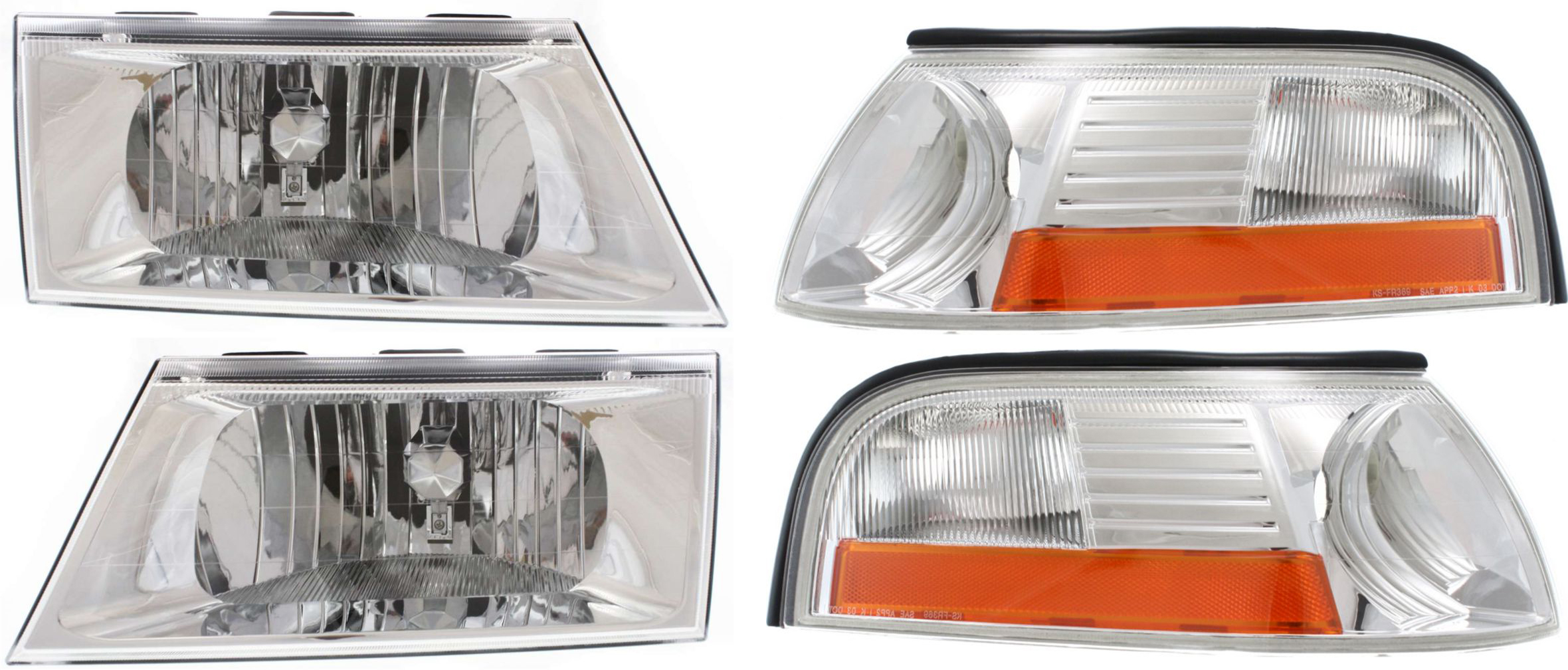 AM GRAND MARQUIS 03-04 HEAD LAMP RH AND LH Assembly Halogen 4 pc Kit with Corner Lights SKU KIT 72115-44 Partslink FO2520171 FO2521171 OEM 3W3Z13008EA PFM 3W3Z13008FA PF